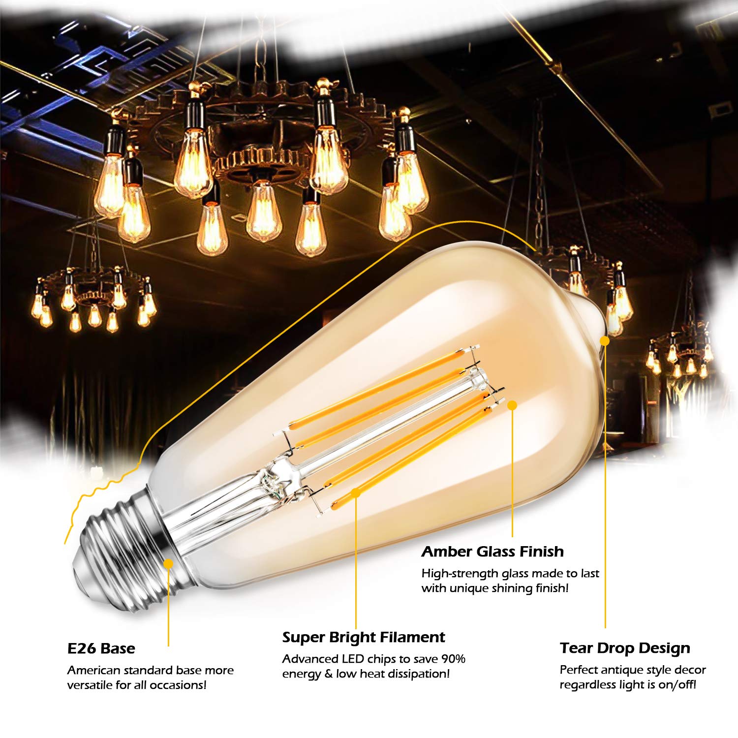 TOBUSA Dimmable LED Edison Bulbs 8W 1200LM, 100W Equivalent, Vintage Amber Glass, 2700K Warm White, ST64, 4-Pack