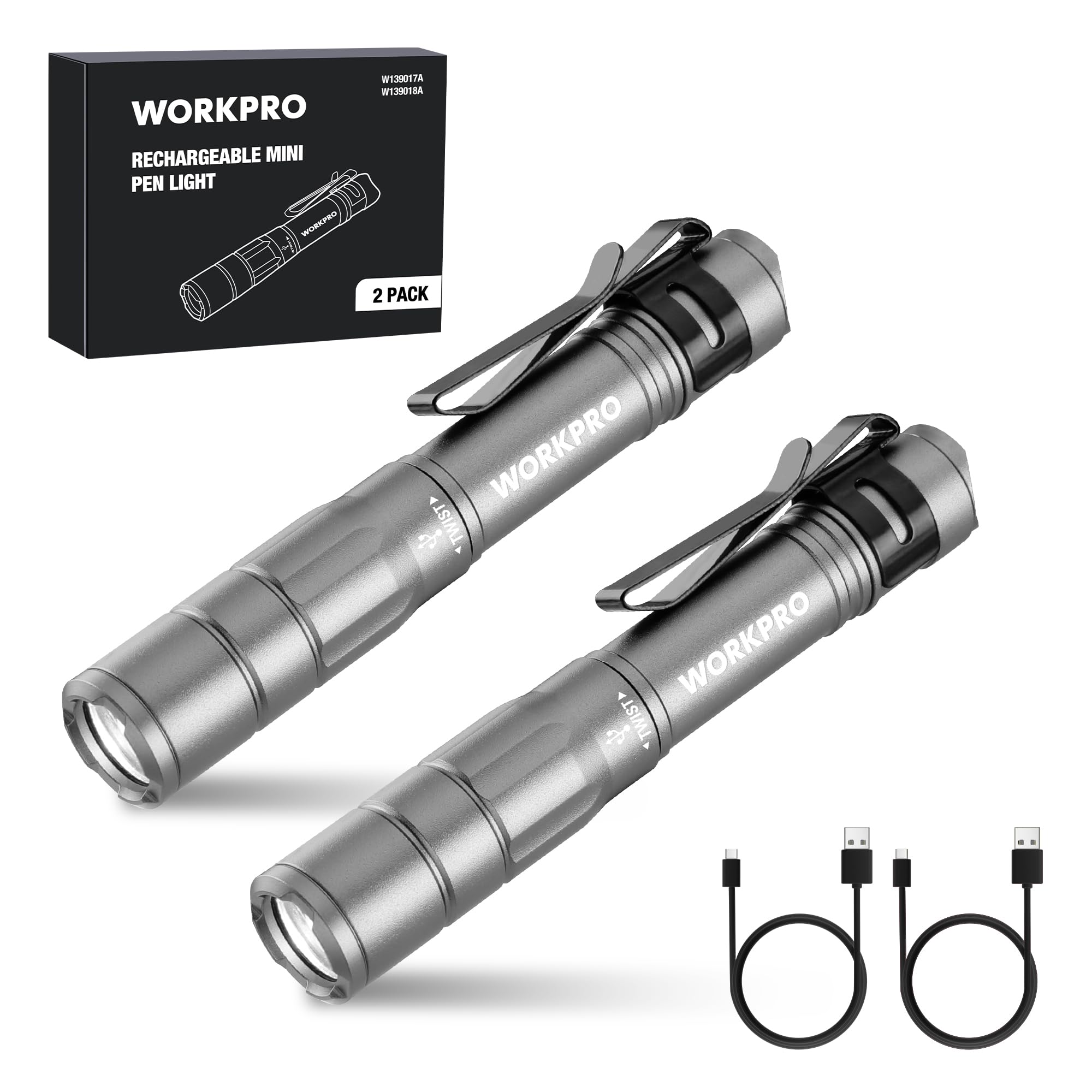WORKPRO Rechargeable Mini Flashlight, 2 Pack, Ultra-Compact EDC, Gray, Model W139018, with Clip and USB C Cables