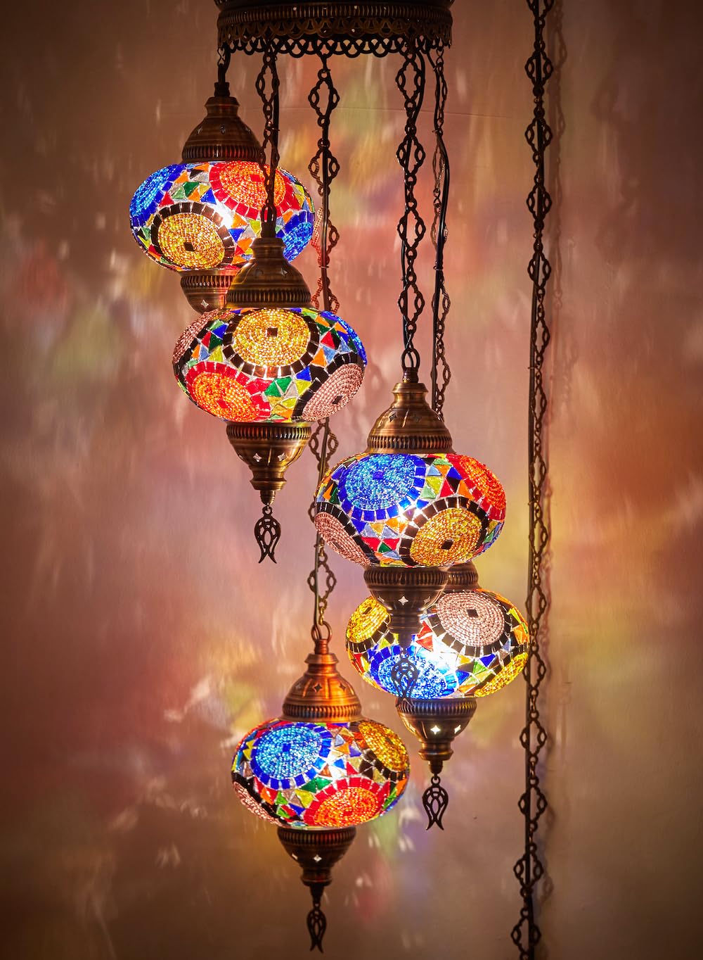 DEMMEX Moroccan Mosaic Swag Chandelier, 7in  Globes, Glass, Multicolor, 15ft Cord, Model Swag5