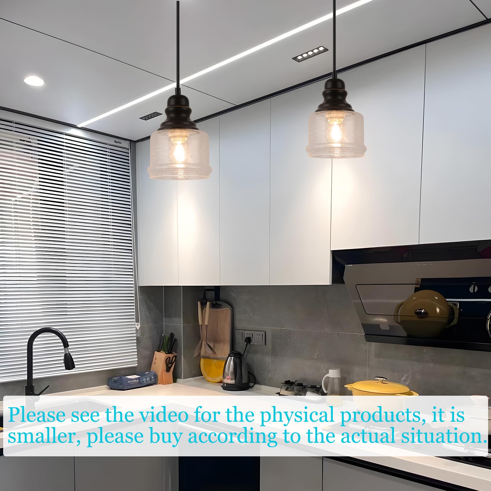 WILON Industrial Pendant Light, 1-Light, Adjustable, Black Seeded Glass, Dimmable, Model QLBD0056-A