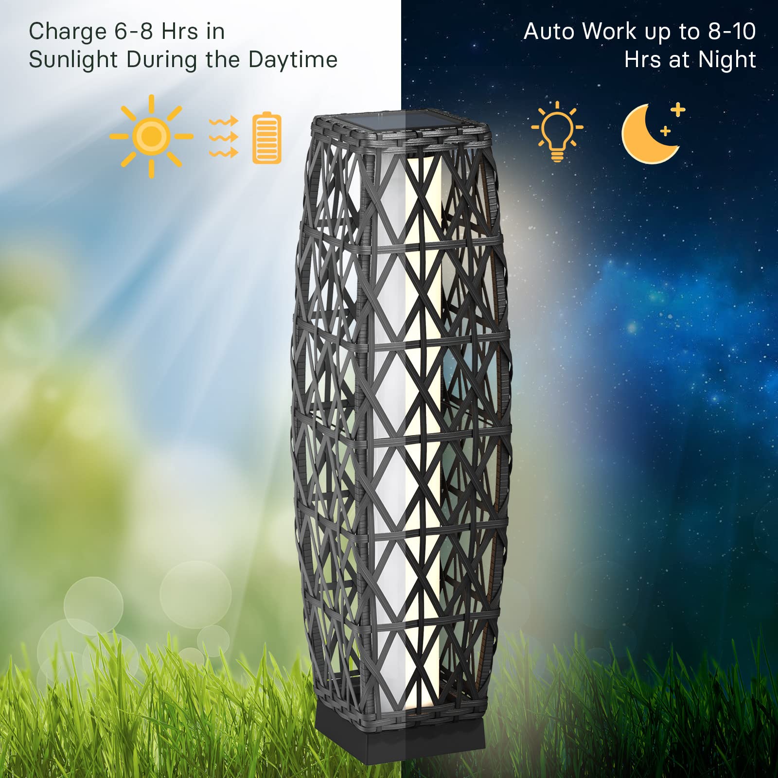 Grand patio Outdoor Solar Powered Floor Lamp, Weather-Resistant Resin Wicker, Large L-Cindy, Silver Gray