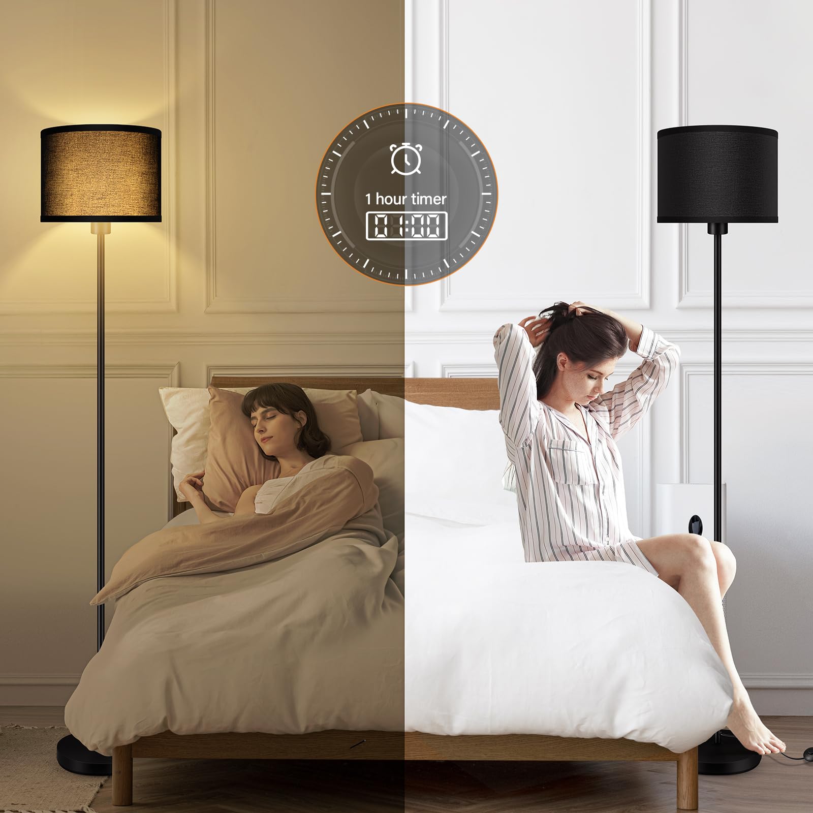 Bricosmocon Floor Lamp, 10W/1200LM, Stepless Dimmable, 2700K-6500K, Black, Modern Design for Living Room/Bedroom/Office