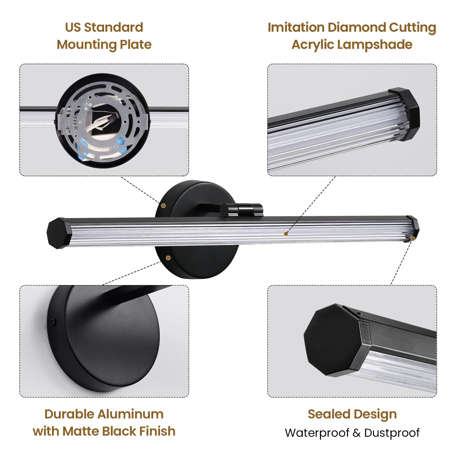 KAISITE Bathroom Light Fixture - 22 Inch Black LED Vanity Light, 18W, 4000K, Adjustable Angle, Model 8037ML-18BK-US