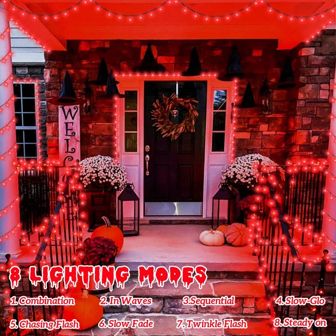 QITONG Red Solar Christmas Lights, 200 LED Waterproof String Lights, 66ft, 2 Pack, Green Wire, 8 Modes