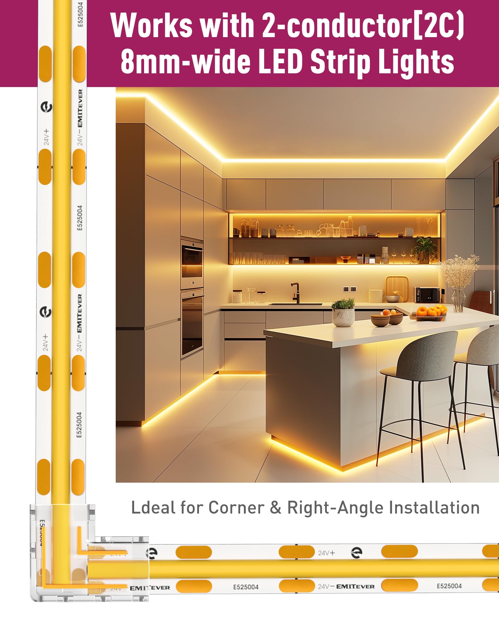 Emitever 8Mm Led Strip Connectors 12Pcs, Led Corner Connector L-Shaped Gapless Connection Solderless Transparent Tape Light Conn