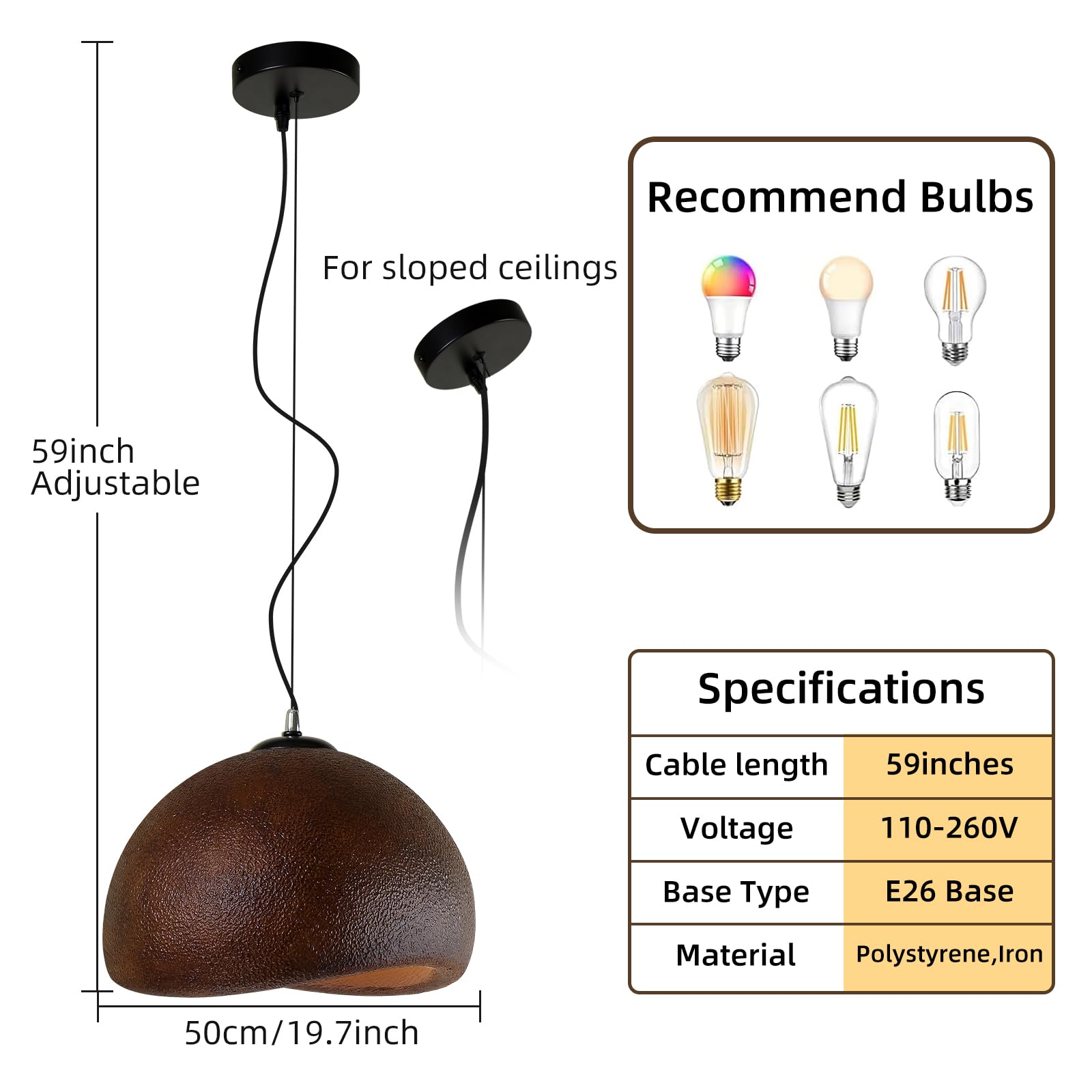 JAYMP Wabi Sabi Pendant Light, 50cm Dark Brown, Polystyrene, E26 Base, Bird Nest Shape, Model GB7499 for Dining Room & Kitchen Island
