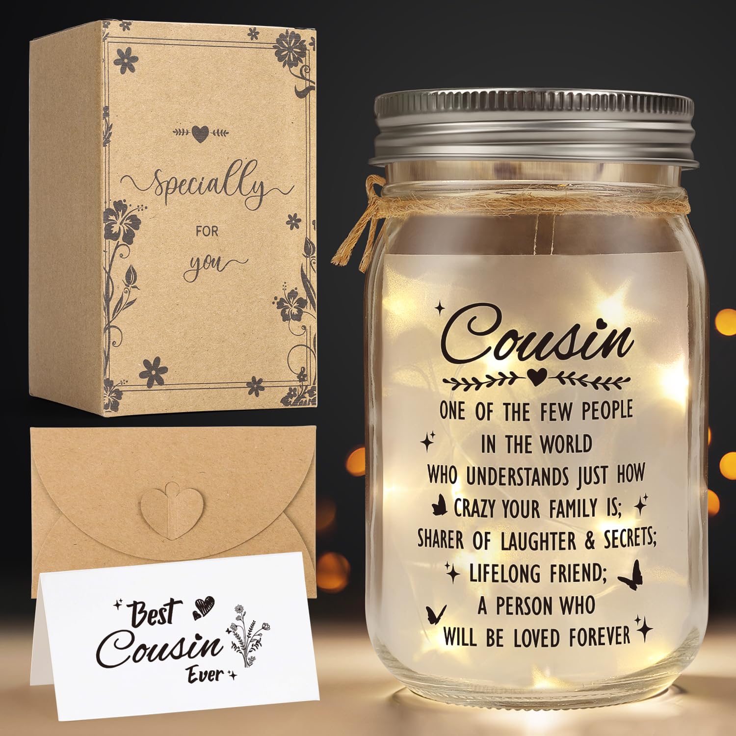 Cousin Gifts for Women Best Cousin Ever Gifts,Mason Jar Night Light Cousin Birthday Gifts for New Cousin Sister Thanksgiving Chr