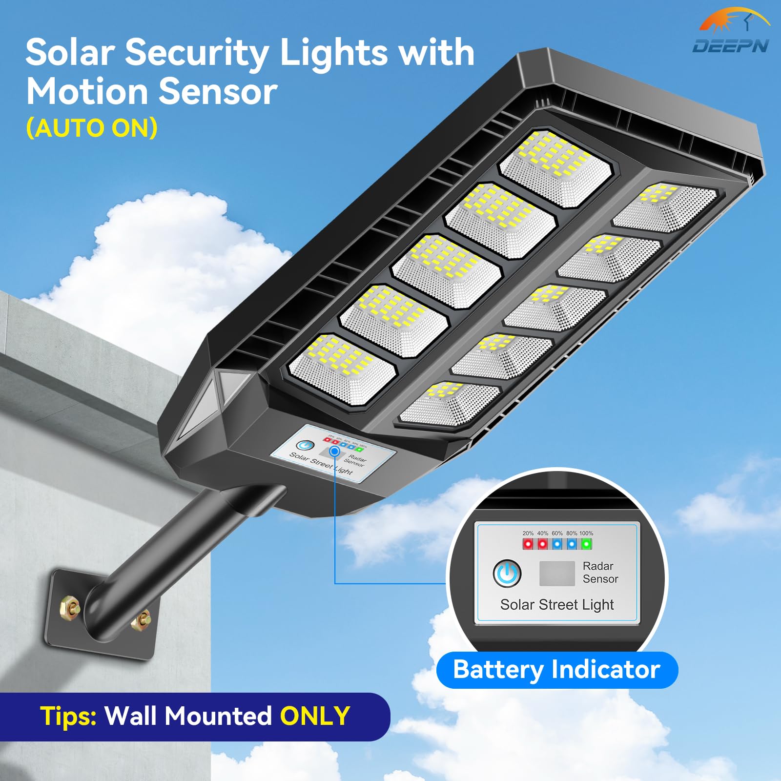 Deepn Solar Lights Outdoor, IP66 Waterproof, 6500K LED, Motion Sensor, Remote Control, Black, Model TW1001