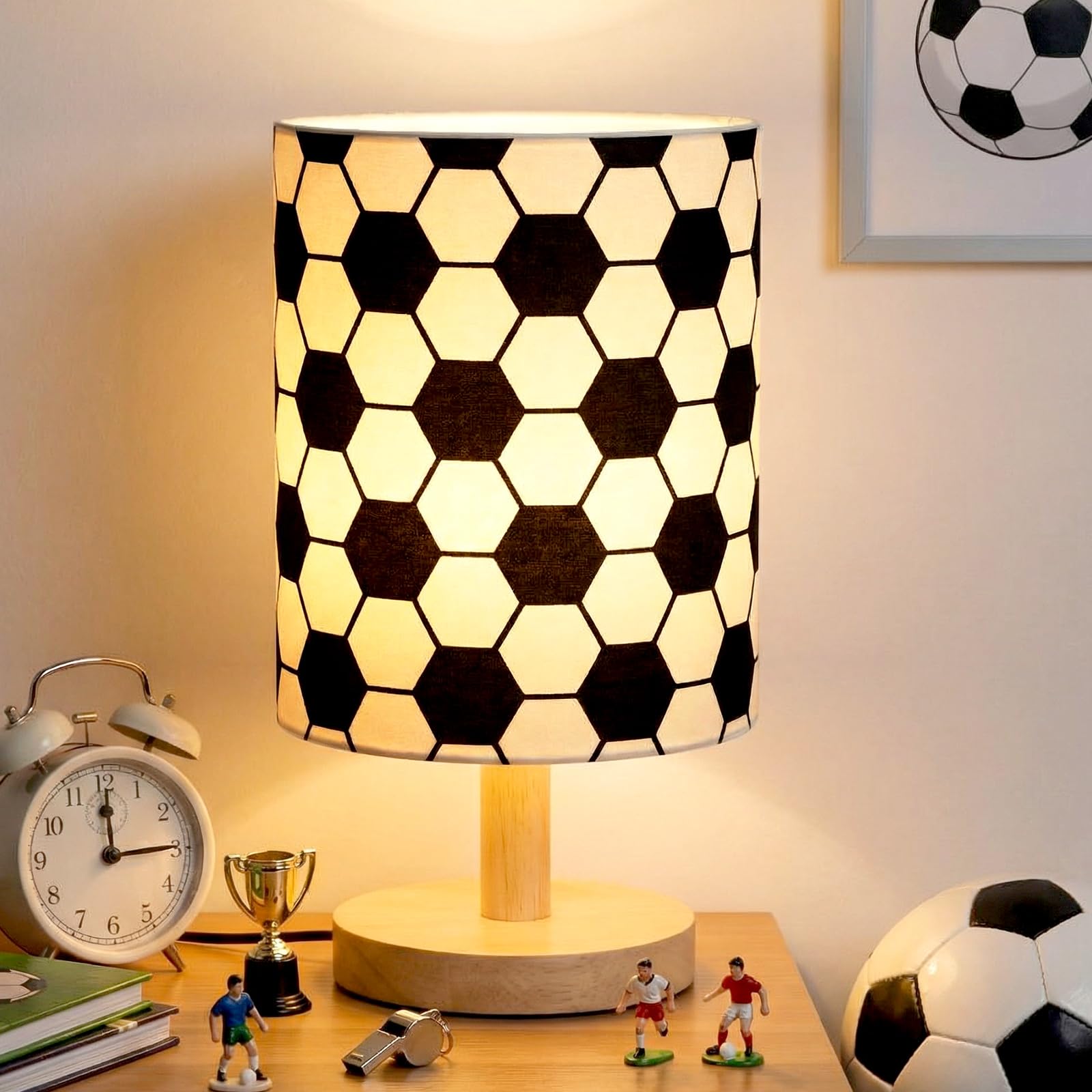 VIHOSE Soccer Kids Table Lamp for Bedroom Kids Bedside Lamp with Linen Wooden Nightstand Cartoon Nursery Lampshade for Girls Boy