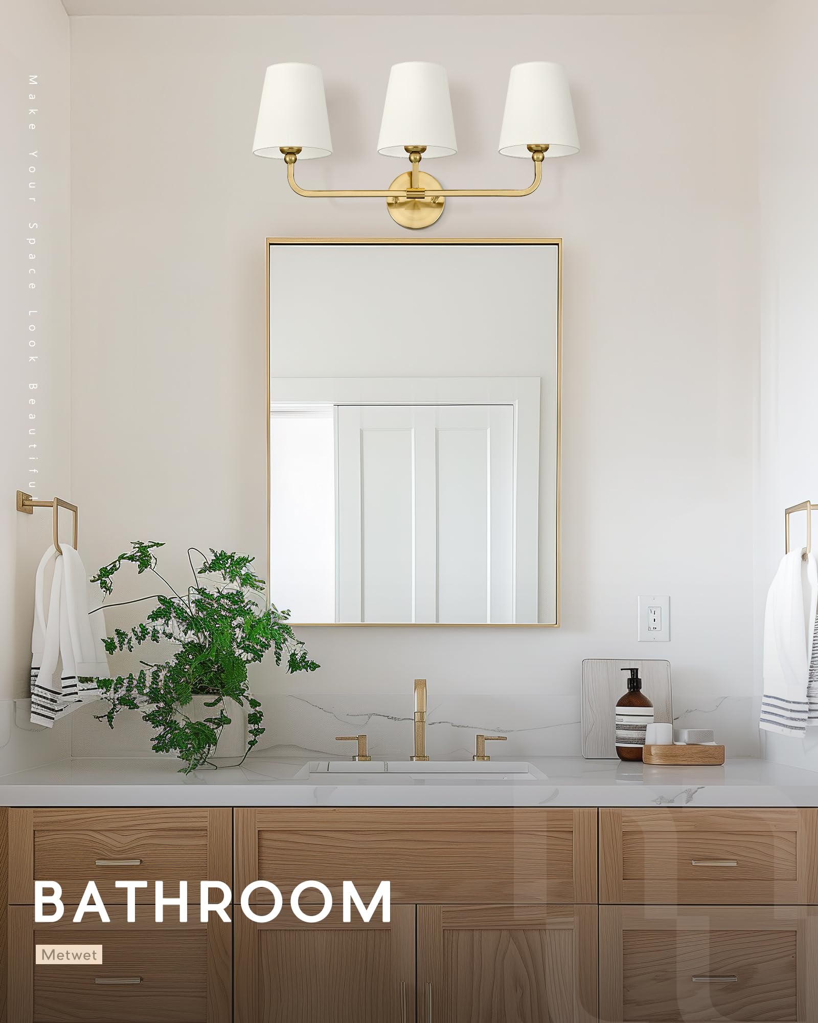 METWET 3-Light Bathroom Light Fixtures, Brushed Gold Vanity Sconces with Beige Fabric Shade, Model VL837-BG-B-3