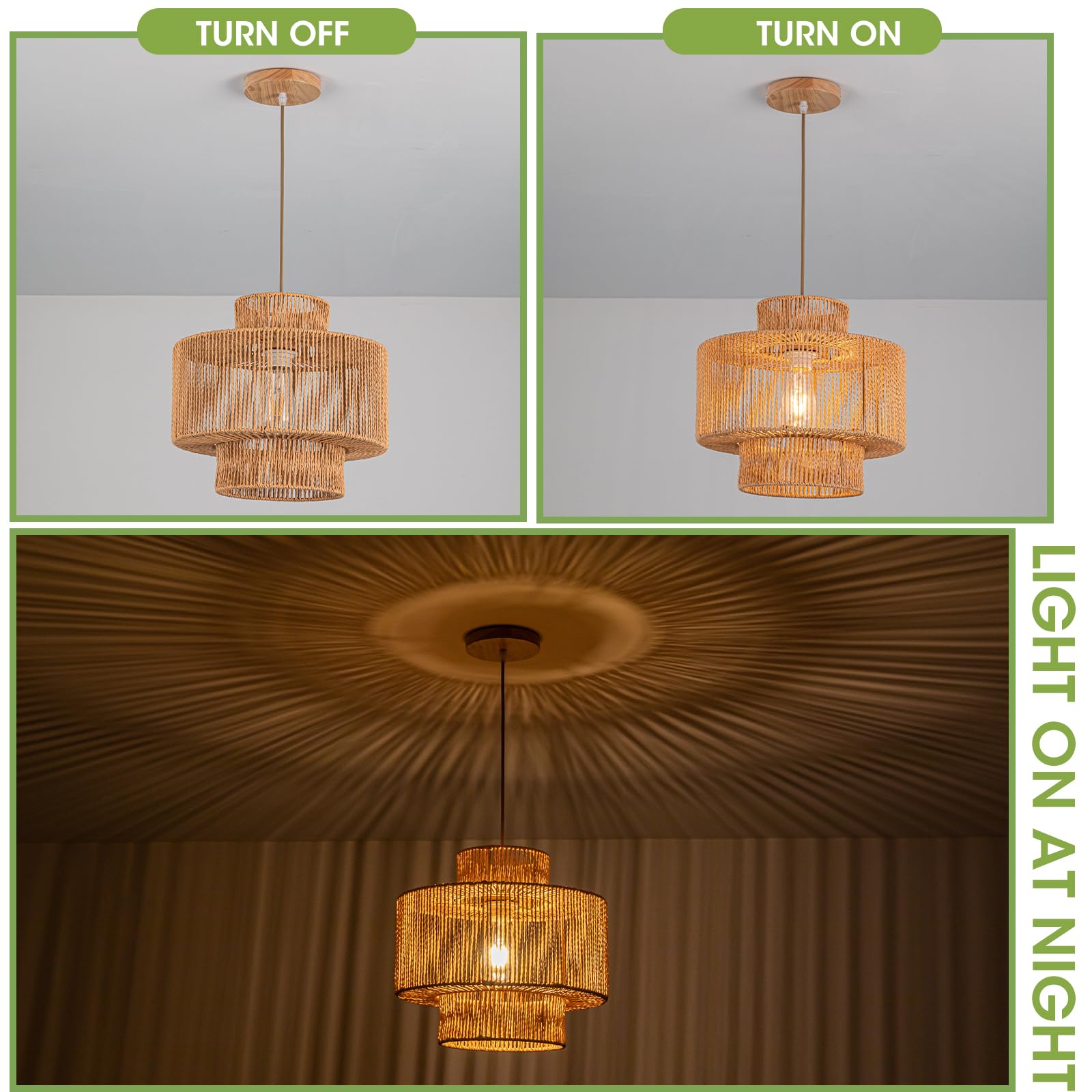 Dsliting Rattan Pendant Light Boho Chandelier For Dinning Room Bohemian Hanging Lights 3-Tier Rattan Chandelier Basket Light Wov