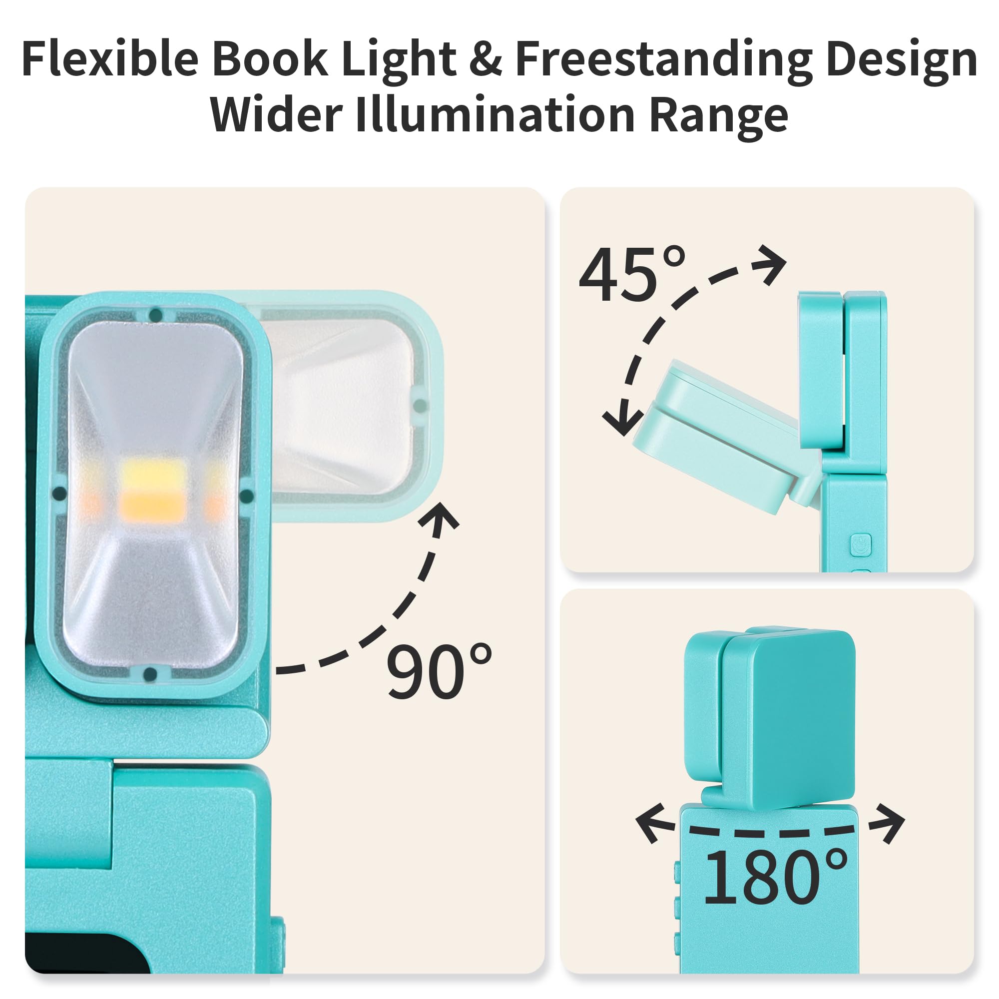 Dott Arts Dual-Head LED Book Light, Rechargeable, 5 Colors, 6 Brightness Levels, Timer Function, Cyan, Model WLM123-BLA-1W-05