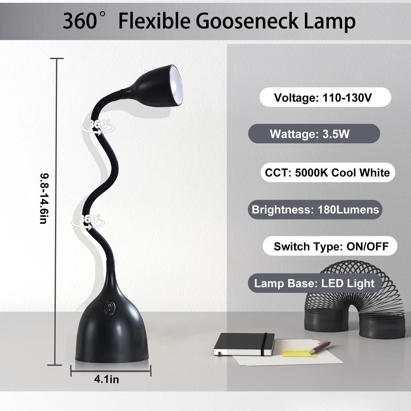 Ejiaxin Black Led Desk Lamp, Adjustable Gooseneck, Eye-Caring Study Light For Home & Office