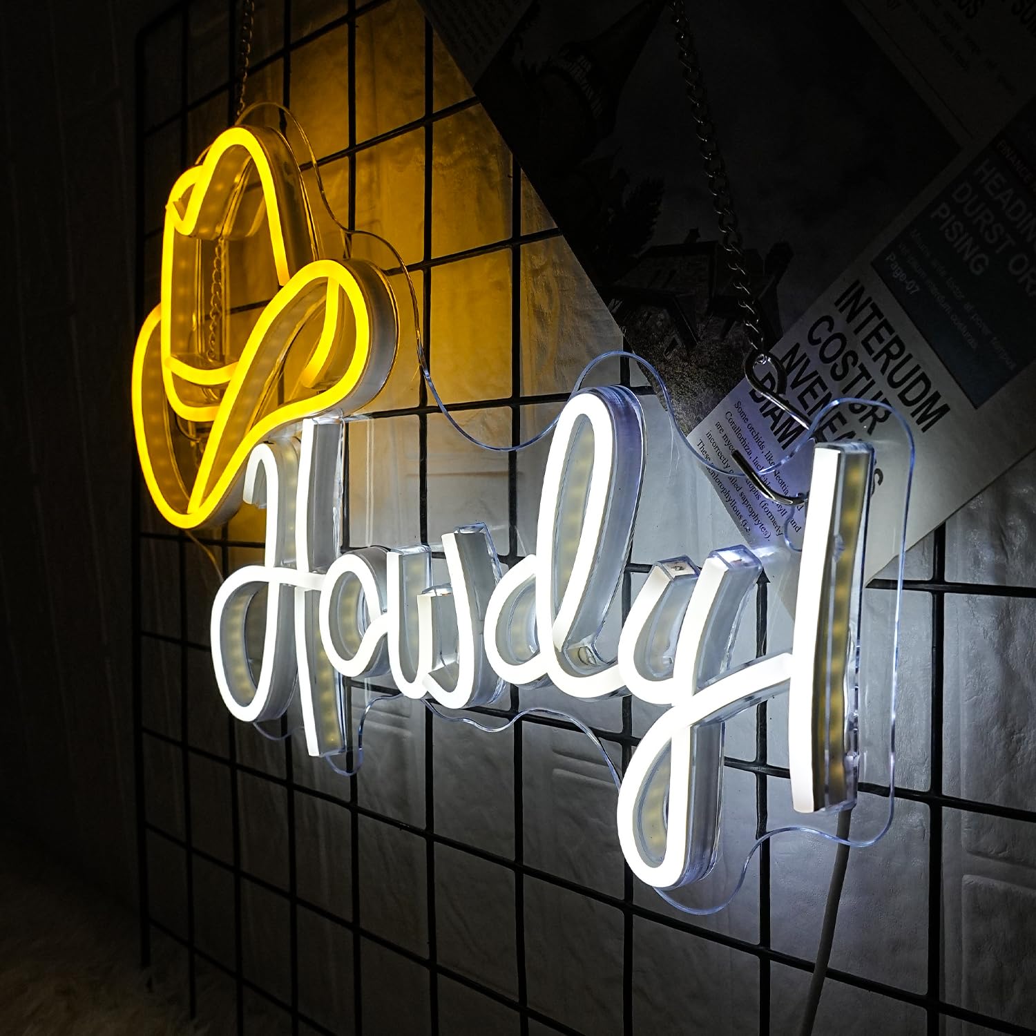 LMSIGNLY Neon Cowboy Hat Sign - Dimmable LED Light, USB Powered, Yellow White, Model: Howdy