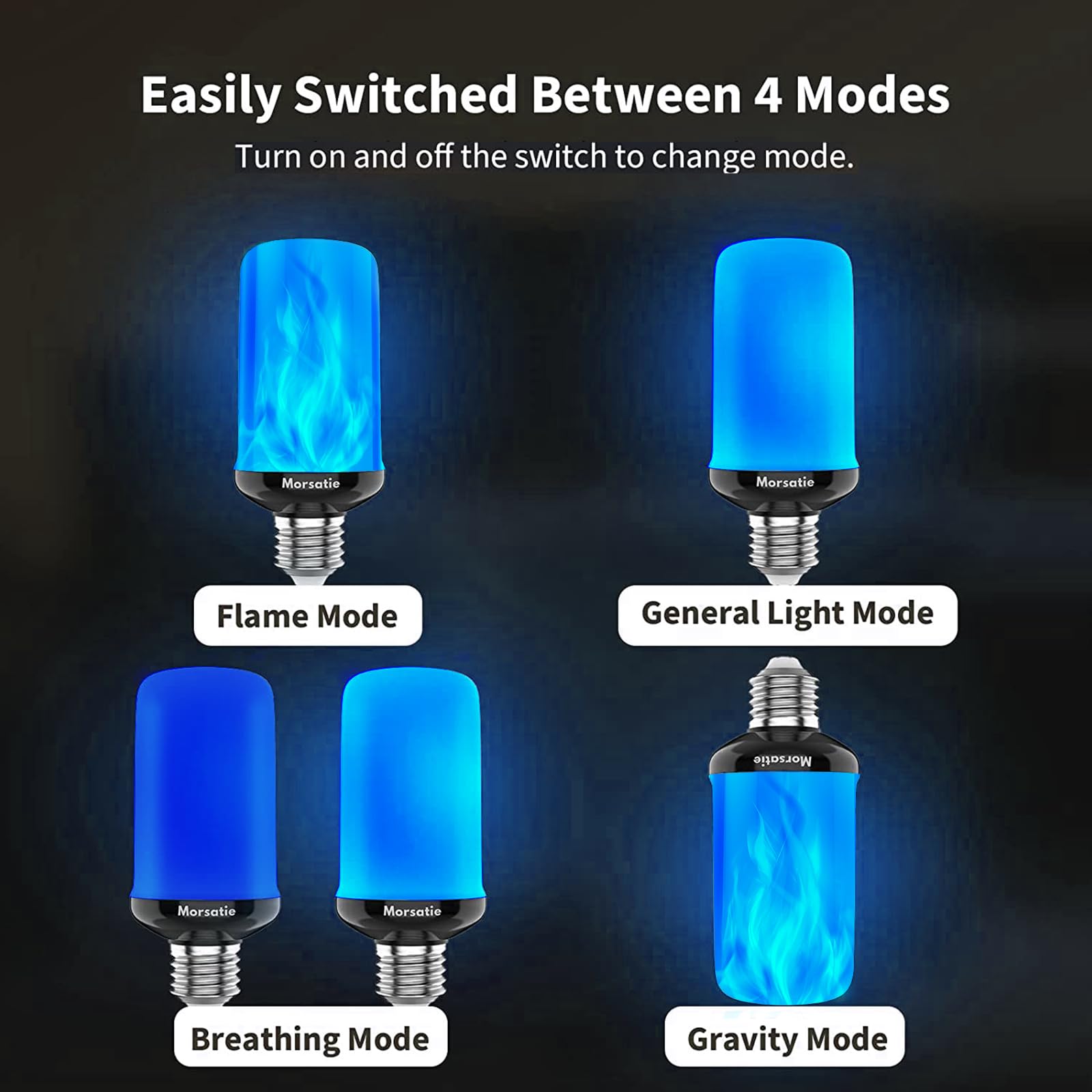 Morsatie LED Flame Light Bulbs, 4 Modes Flickering Effect, E26, Blue-4 Pack, Eco-friendly Materials