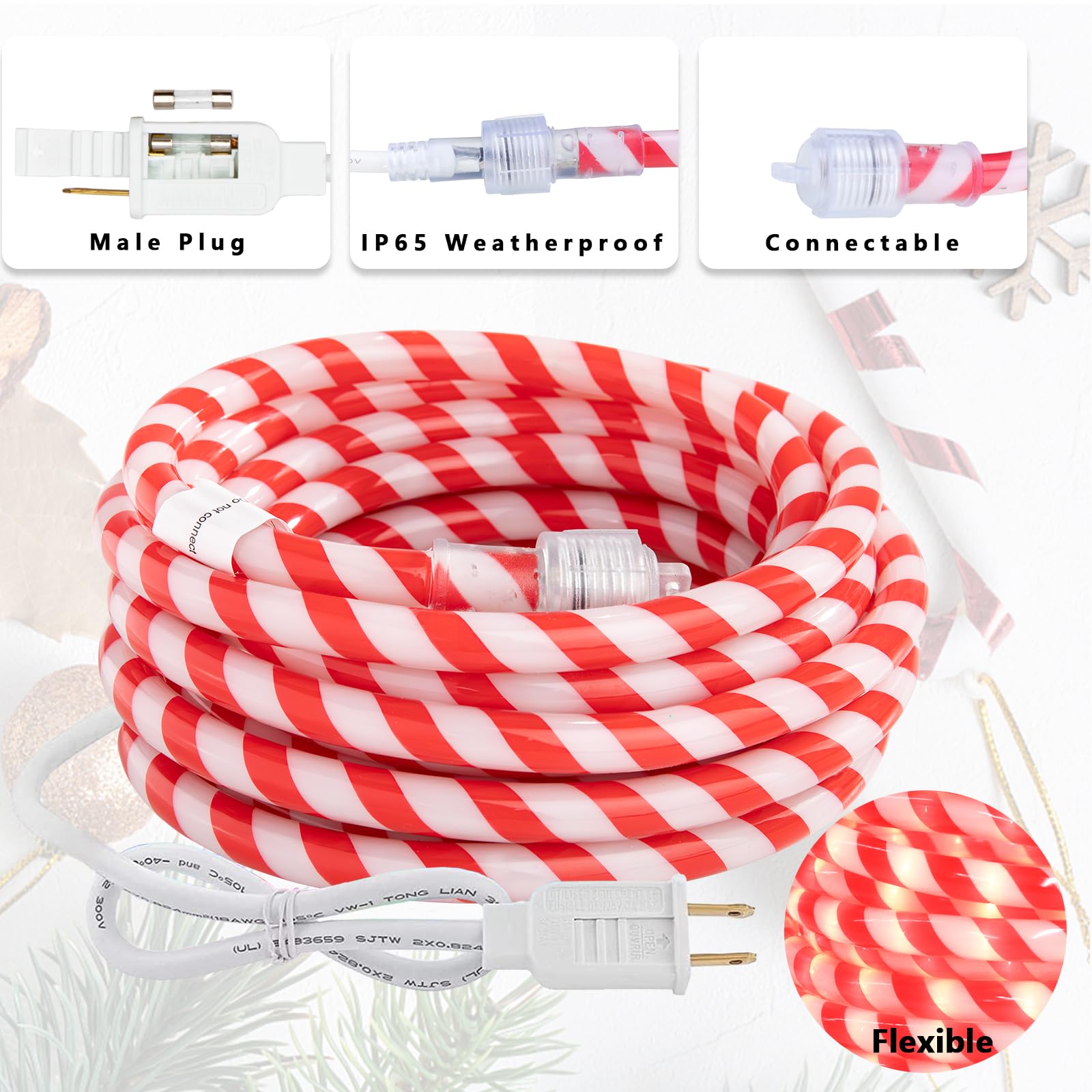 Afirst Christmas Candy Cane Rope Lights - 18Ft Led Fairy Lights Ip65 Waterproof Connectable Tube Lights For Outdoor Patio Garden Christmas Tree Holiday Decorations