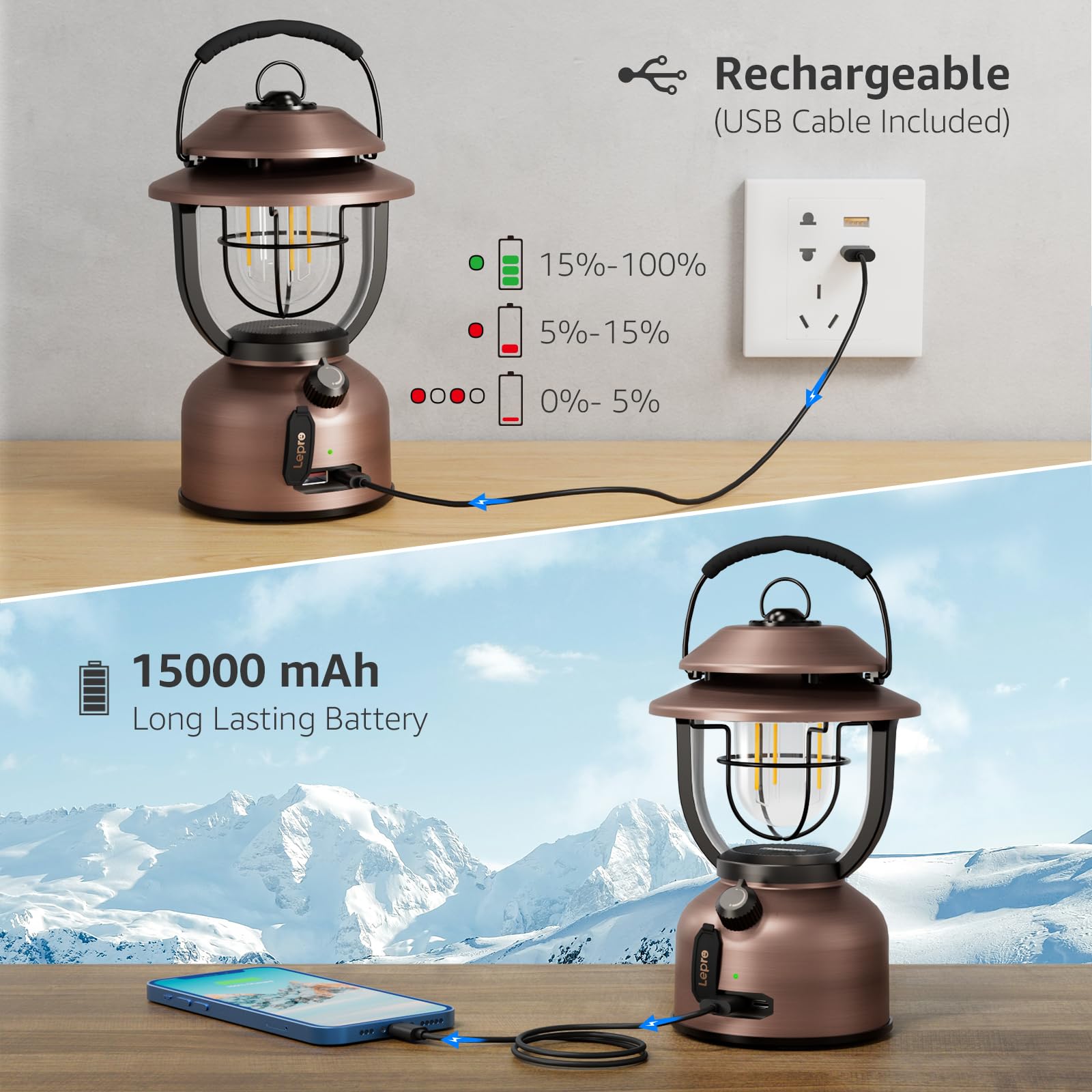 Lepro Retro Classic LED Camping Lantern, Dimmable, USB Rechargeable, Waterproof, Copper, Model 330041, Daylight White 2500K/5000K