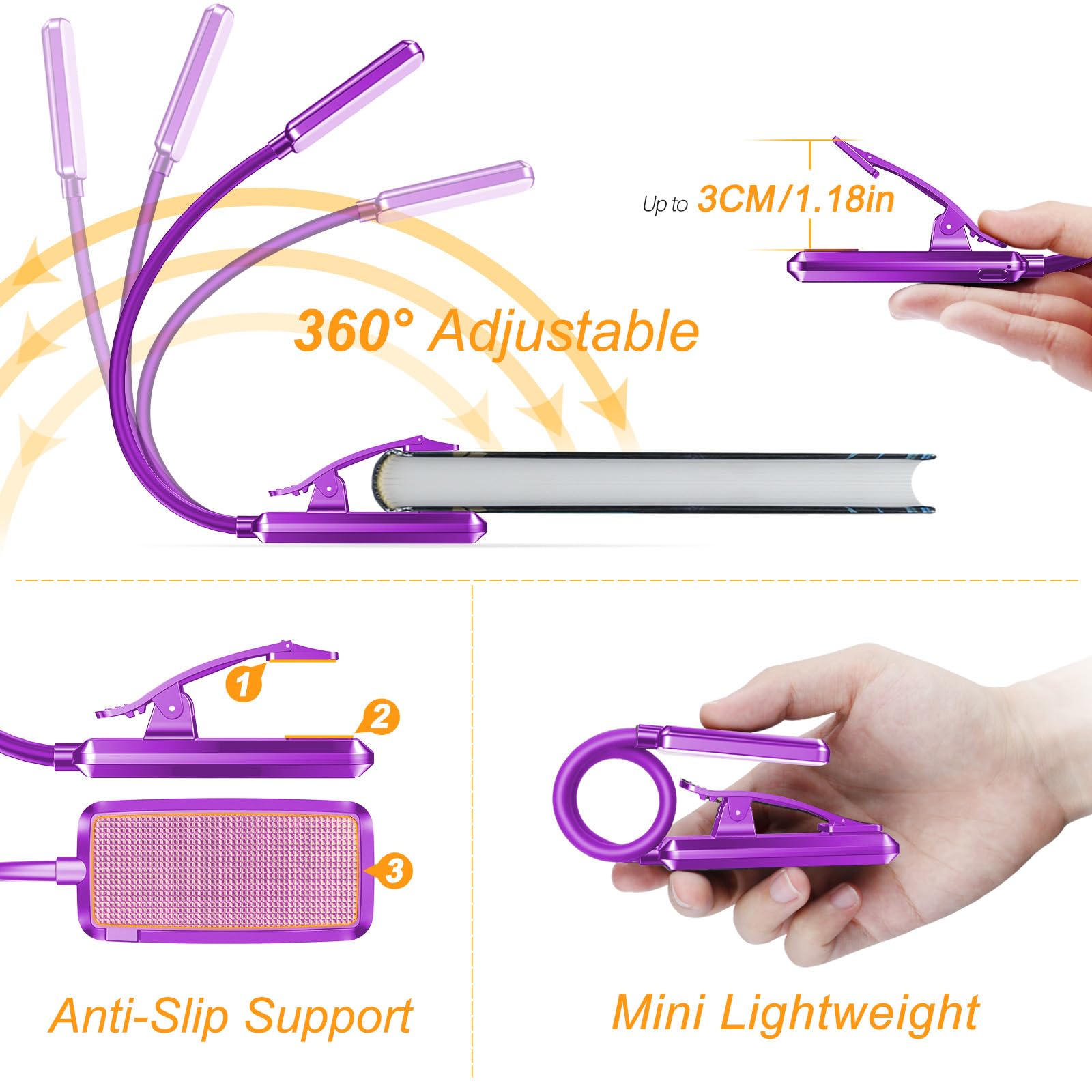 Gritin 9 LED Rechargeable Book Light - Eye Caring, 3 Color Temperatures, Stepless Dimming, Compact Size, Dark Purple, Model G1330