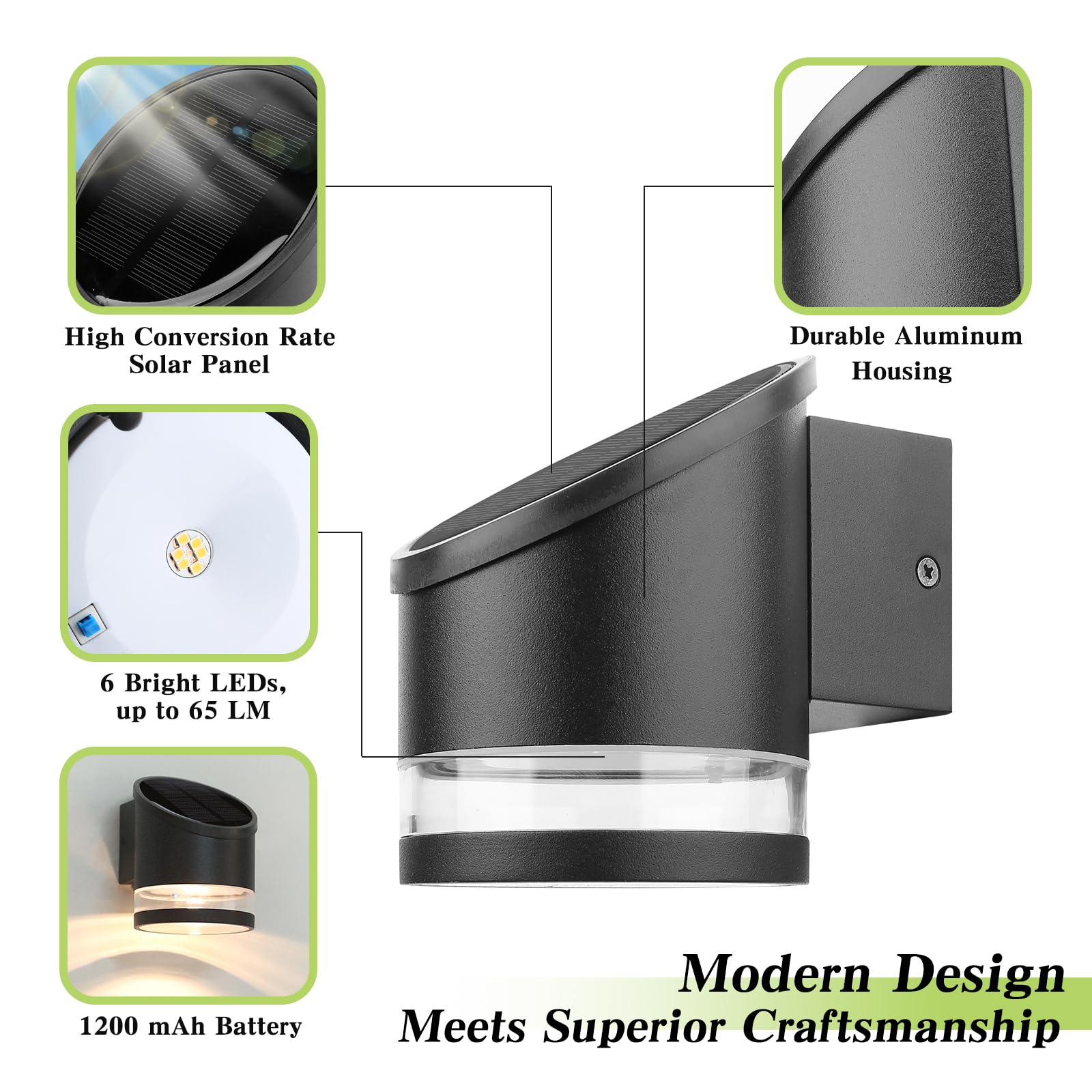 Hfvlite Solar Wall Light Outdoor Aluminum Wall Sconce Dusk To Dawn, Cordless Waterproof Led Decor Light Fixture For Porch, Deck, Fence, Patio, Front Door, Stair, Warm White, Black, 1-Pack