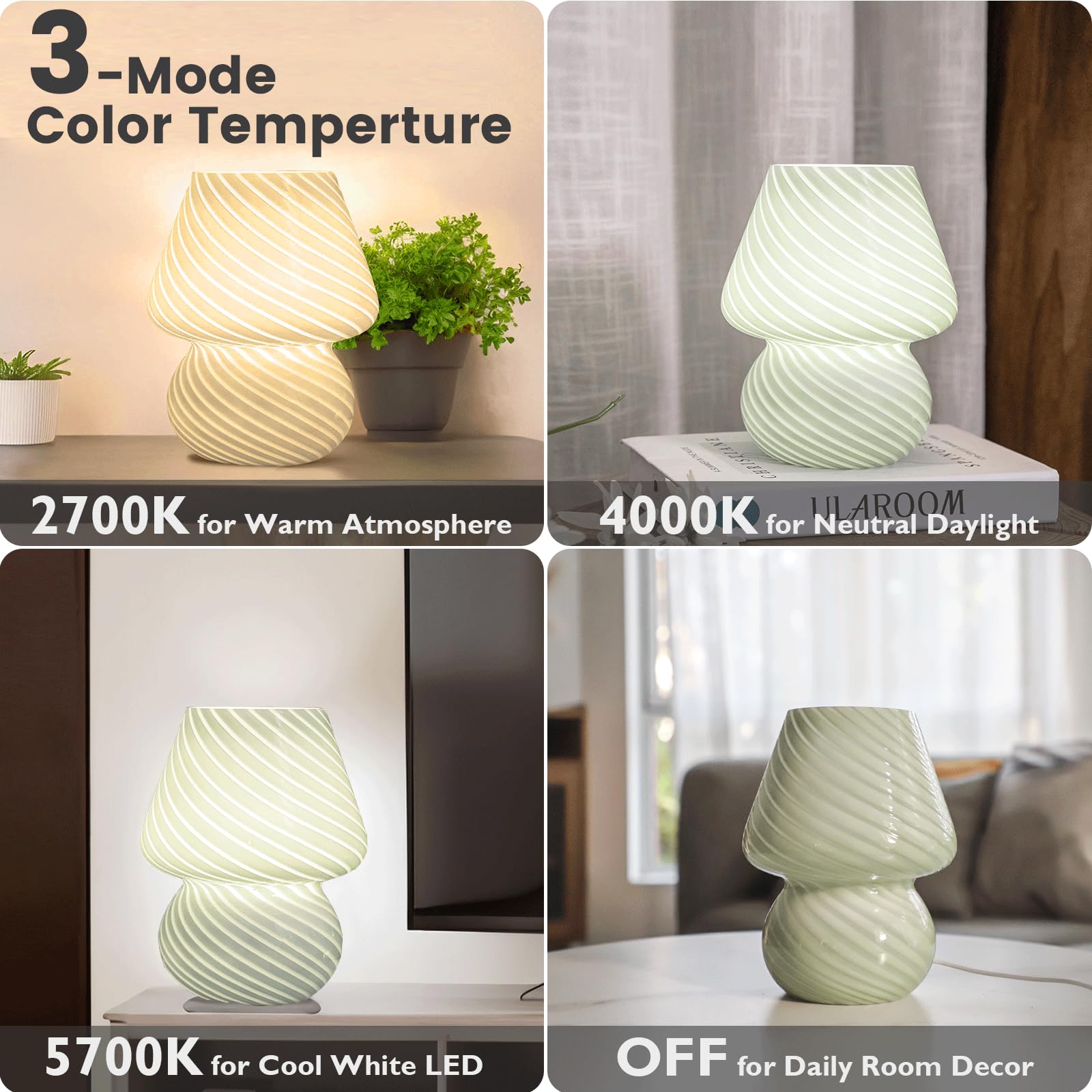 ULAROOM Mushroom Lamp, USB Plug-in, 3 Temperature LED Bulb, Glass, Stripe Green, Model JYTD23, Ideal for Bedroom/Living Room Decor