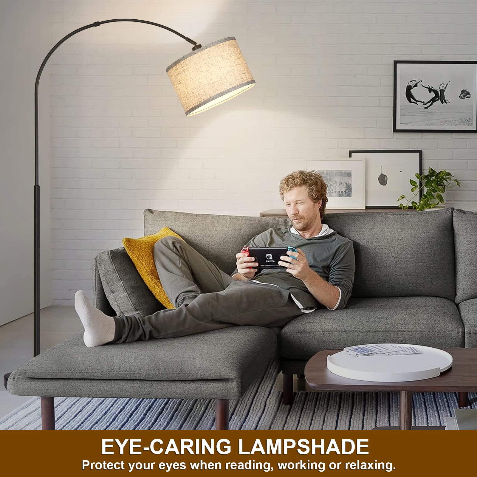 Seaside Village Arc Floor Lamp - Modern Black Metal Standing Light with Adjustable Drum Shade, Foot Switch,  Tall Design for Living Room and Office
