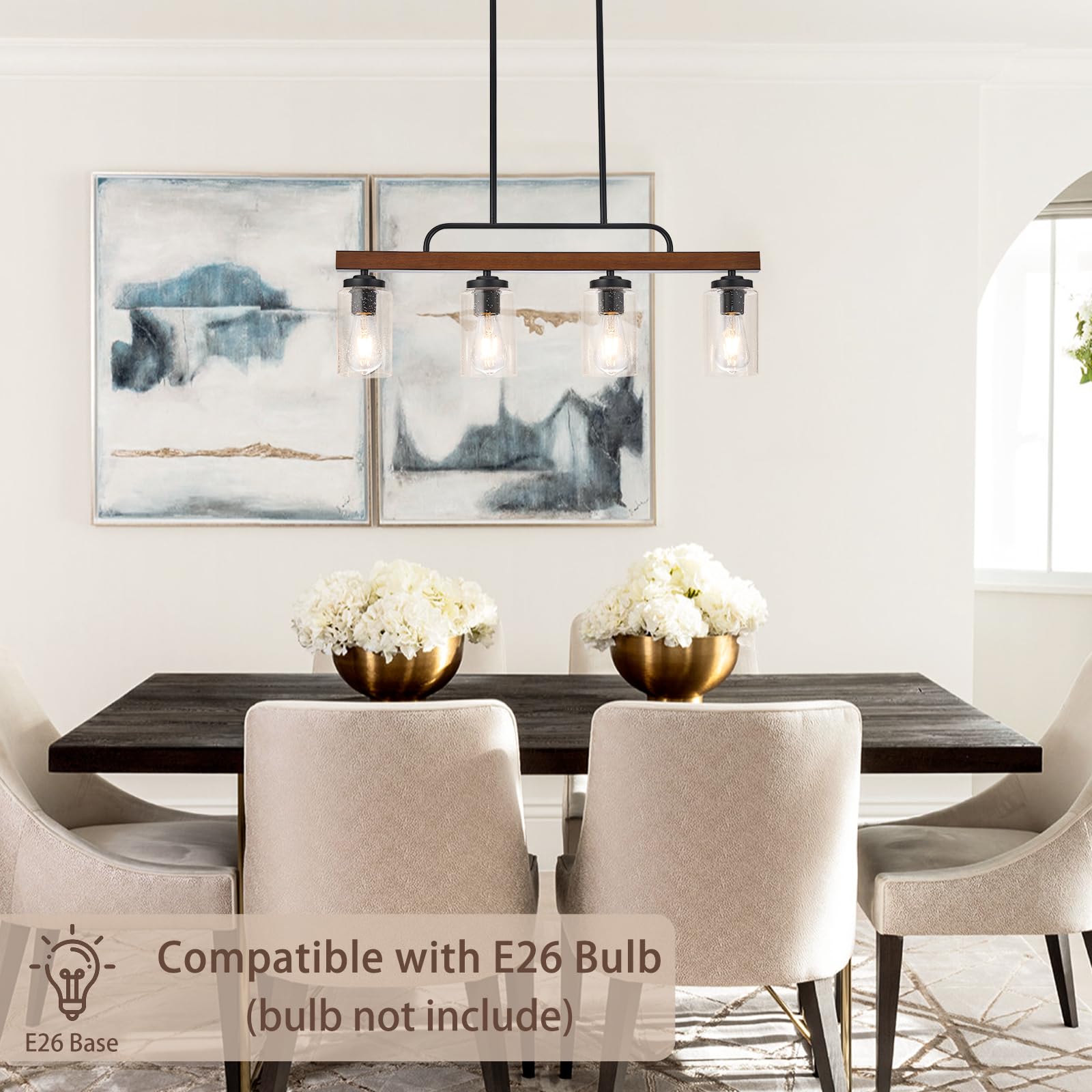 HOGBU Farmhouse 4-Light Wood Pendant Light Fixture, Seeded Glass Shade, Industrial Chandelier for Dining Room, Kitchen Island, Bar