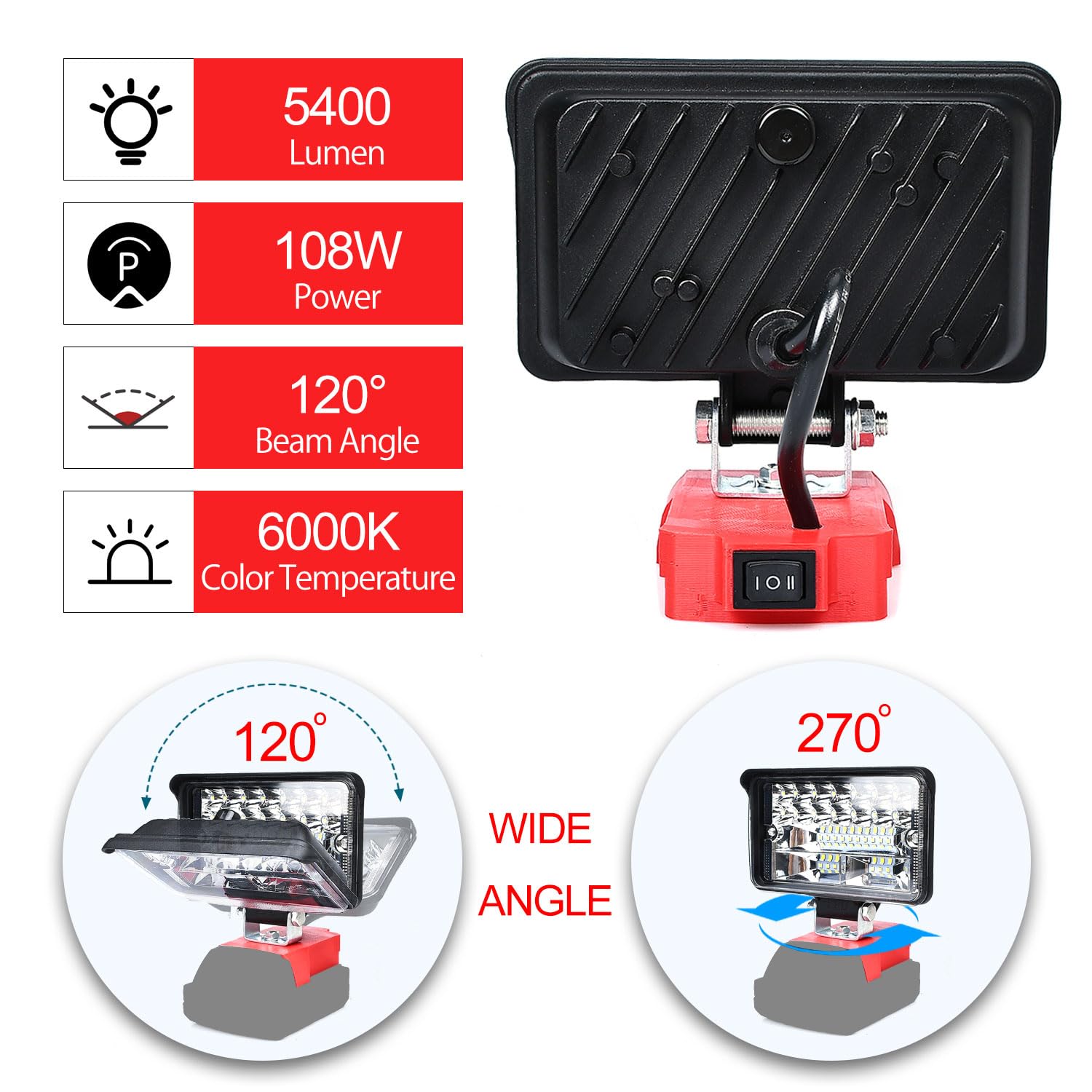 Cordless Led Work Light For Milwaukee 18V Lithium Batteries, 108W 5400Lm Adjustable Portable Flood Lights For Job Site Lighting