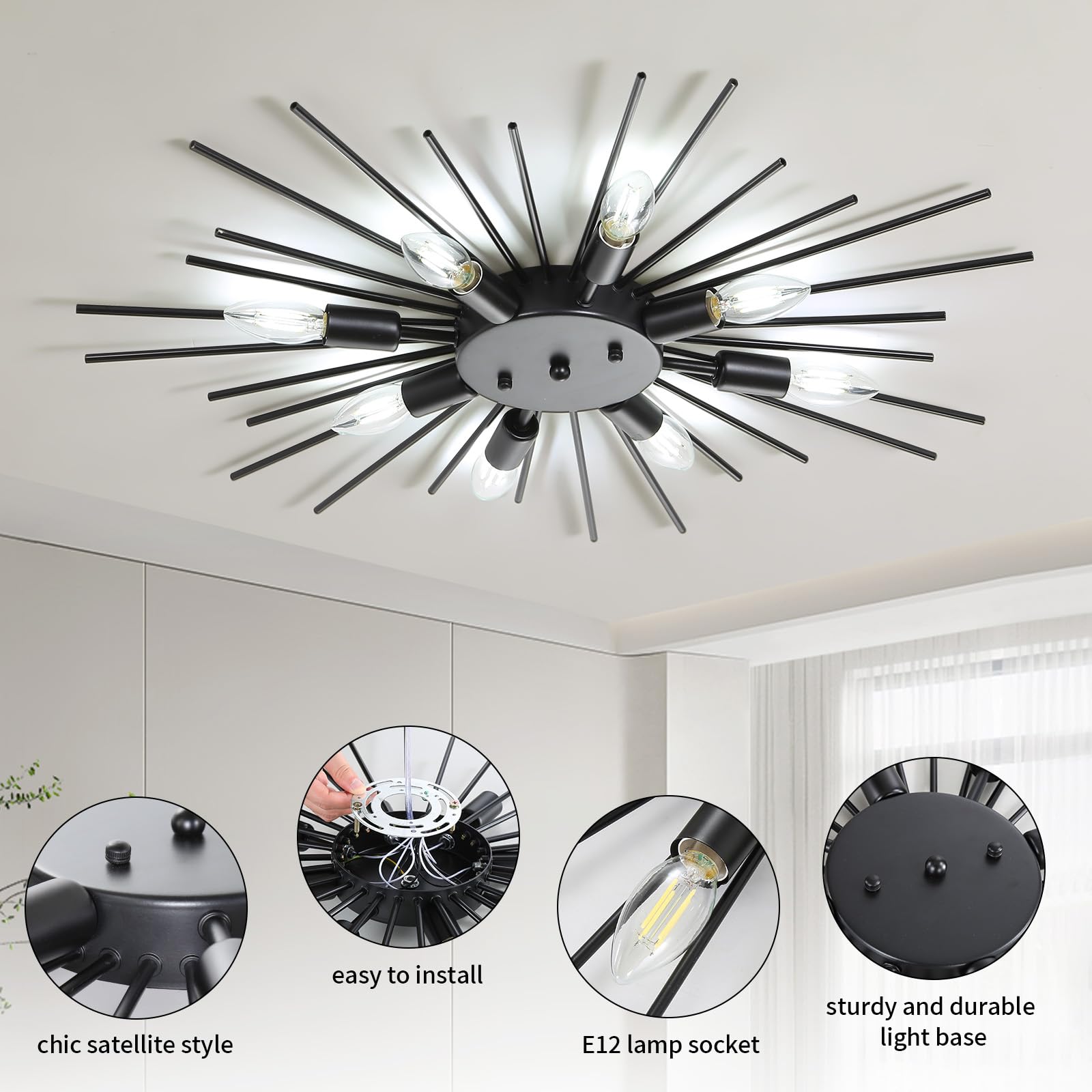 Yunnix Semi Flush Mount 8 Lights Satellite Metal Ceiling Light Gold Modern Ceiling Light Dining Room Light Fixture Gold Light Fi