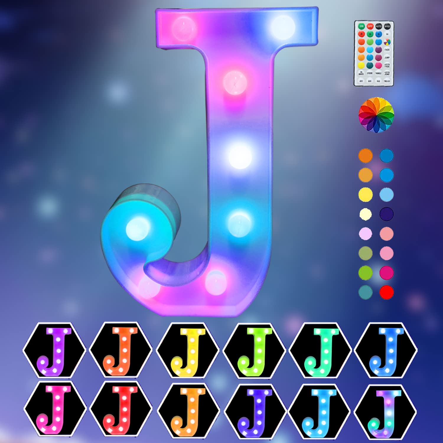 Light Up Colorful LED Marquee Letter lights, 18 Colors Changing Alphabet Letters Sign with Remote Timer for Night Light Girls Bedroom Wedding Birthday Party Lamp Christmas Home Bar Decor- Colorful J