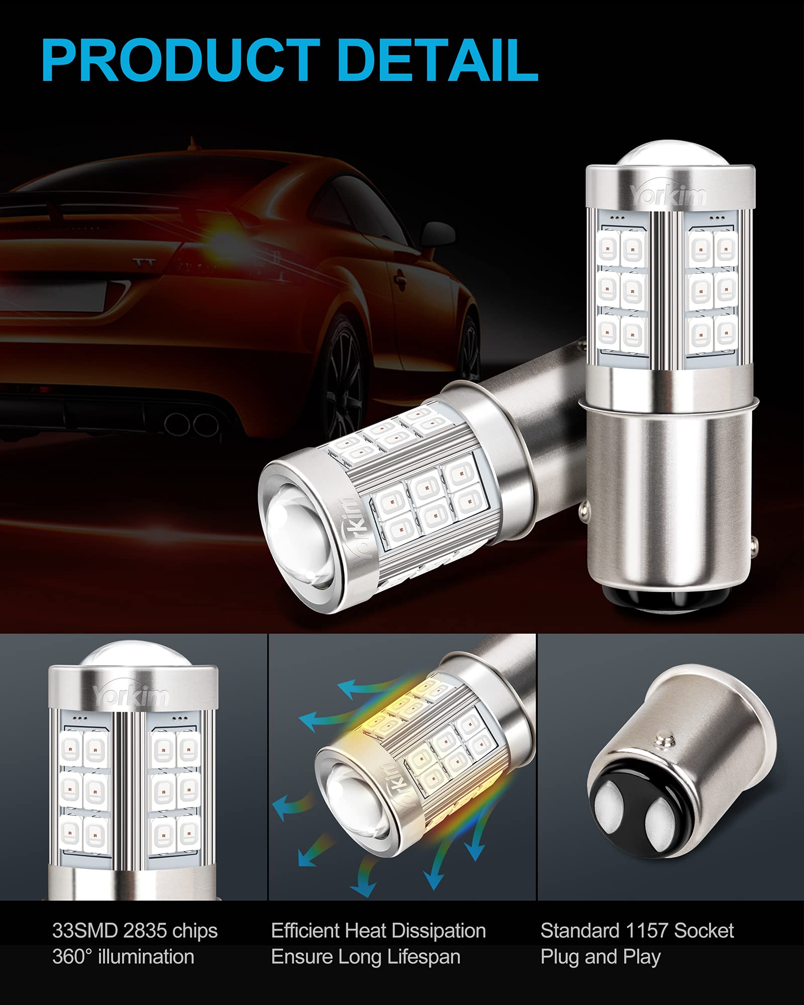 Yorkim 1157 LED Brake Light Bulbs, Red, Pack of 2, 1157 Size, BAY15D Replacement for Stop and Tail Lights