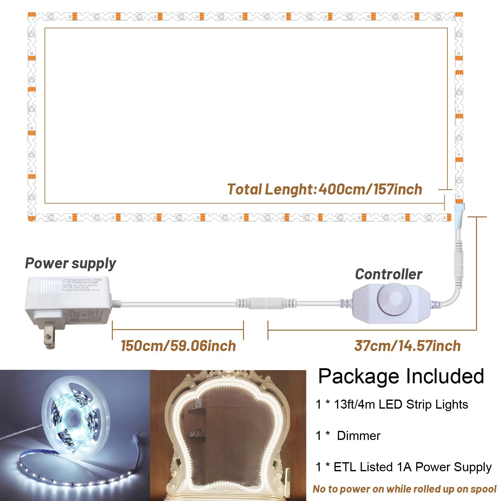 ZOKON 13ft LED Vanity Mirror Lights Kit, Bendable, Adjustable, White, Model LY-M-L-01, Includes Dimmer and Power Supply, No Mirror Included