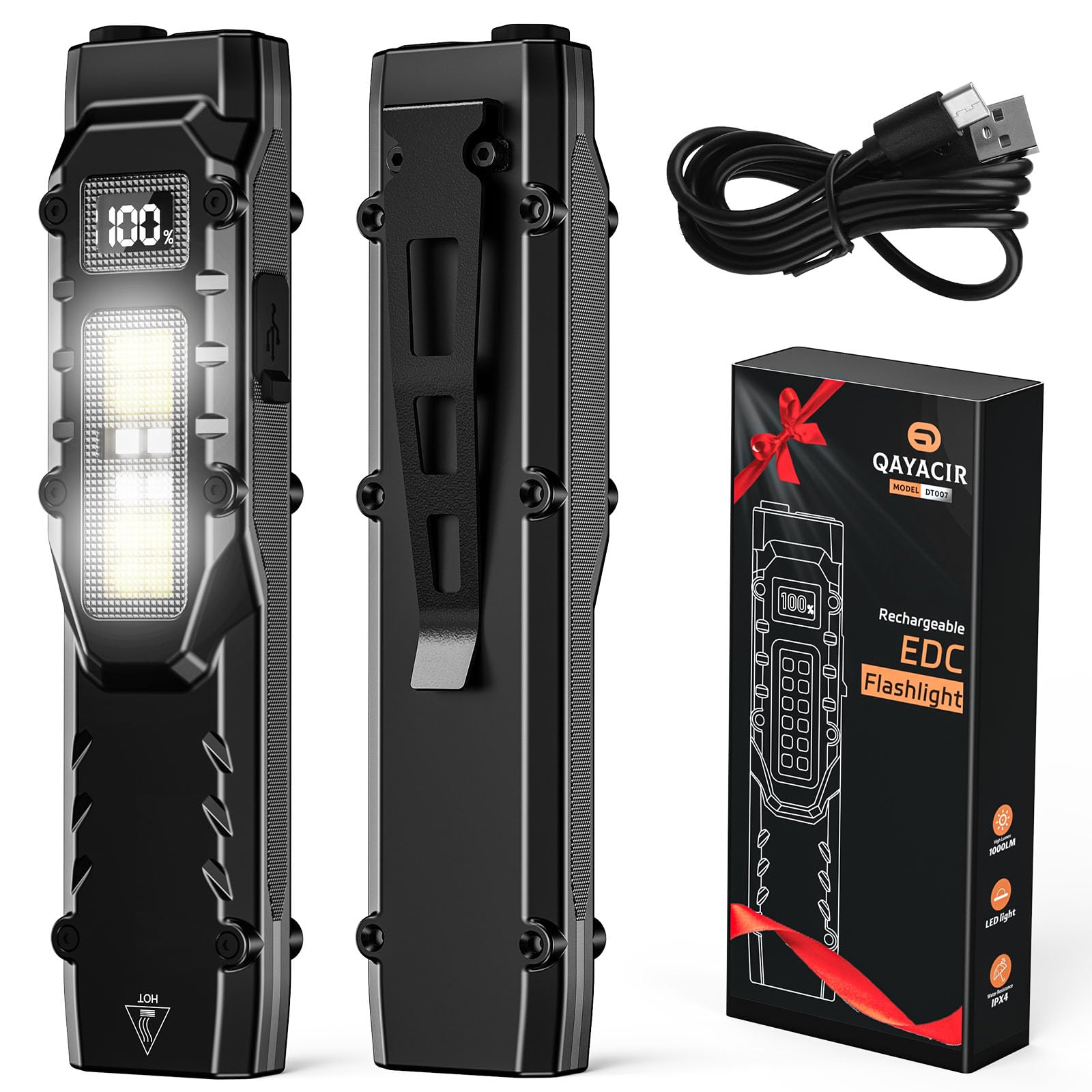 EDC Tactical Flashlight, 1100 High Lumens Rechargeable LED Flat Flashlight w/ Clip & Digital Display, Pocket Flashlight for Home