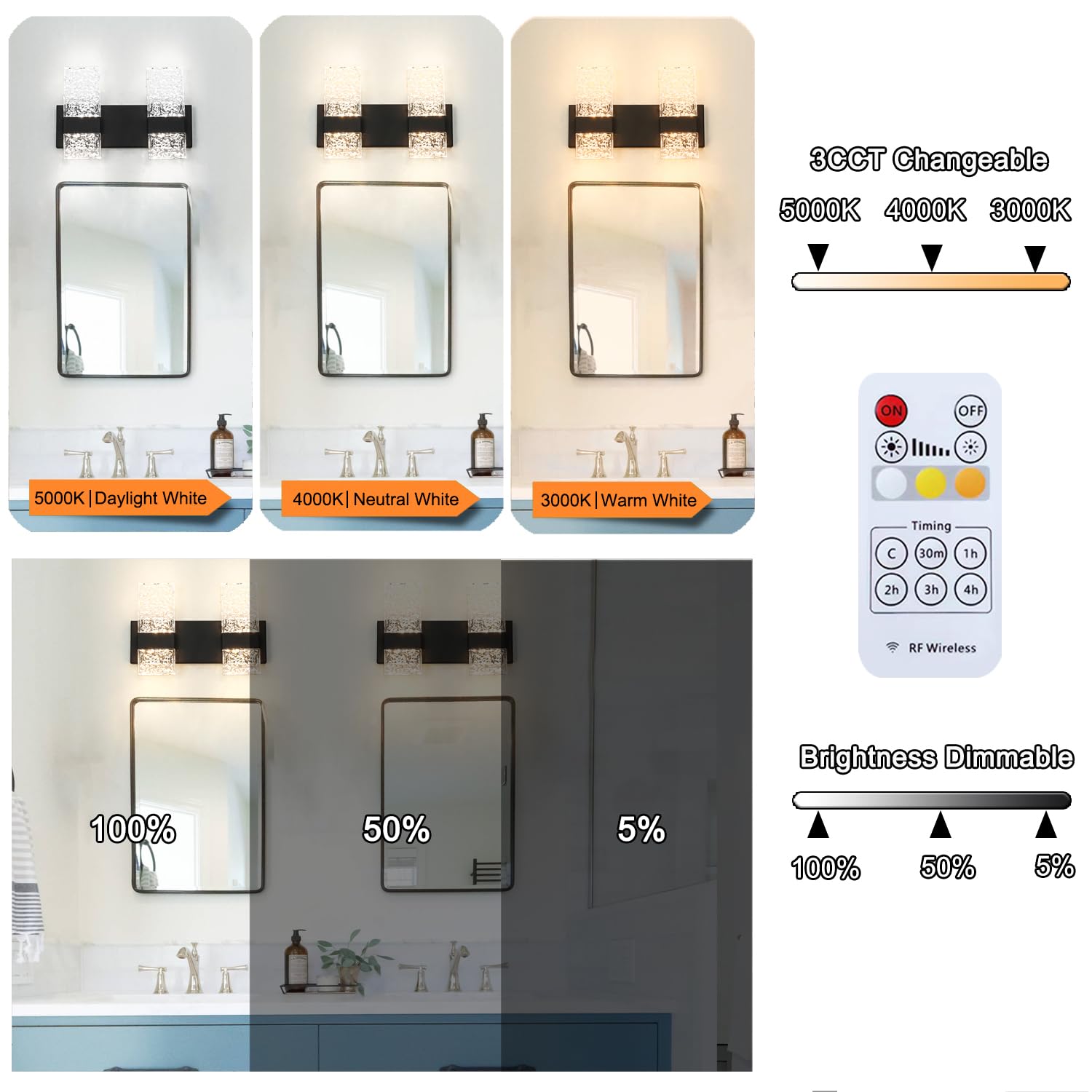 Modern Matte Black 4-Lights Bathroom Vanity Light  Led Bathroom Light Fixtures Over Mirror  Dimmable Acrylic Wall Lighting Fixtures  Hardwired Wall Light(H9.25In  L13.78In)