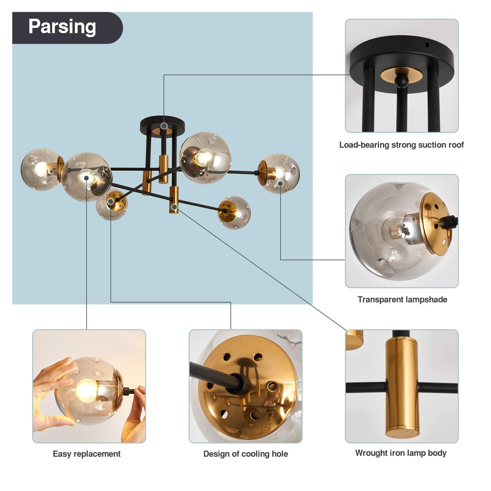 Szxykeji Modern Black Glass Chandelier - 6-Lights Flush Mount Ceiling Light For Dining & Living Room