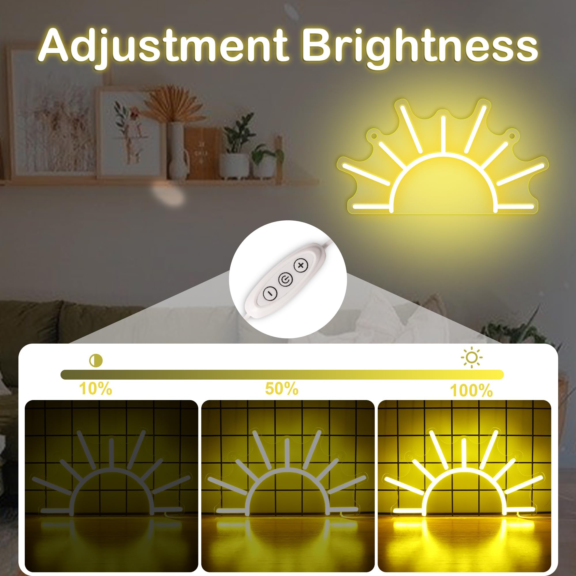 Attivolife Sunrise Neon Sign - Dimmable LED Acrylic Wall Decor, Golden Yellow, Model FS-2810-9999, Perfect for Home & Parties