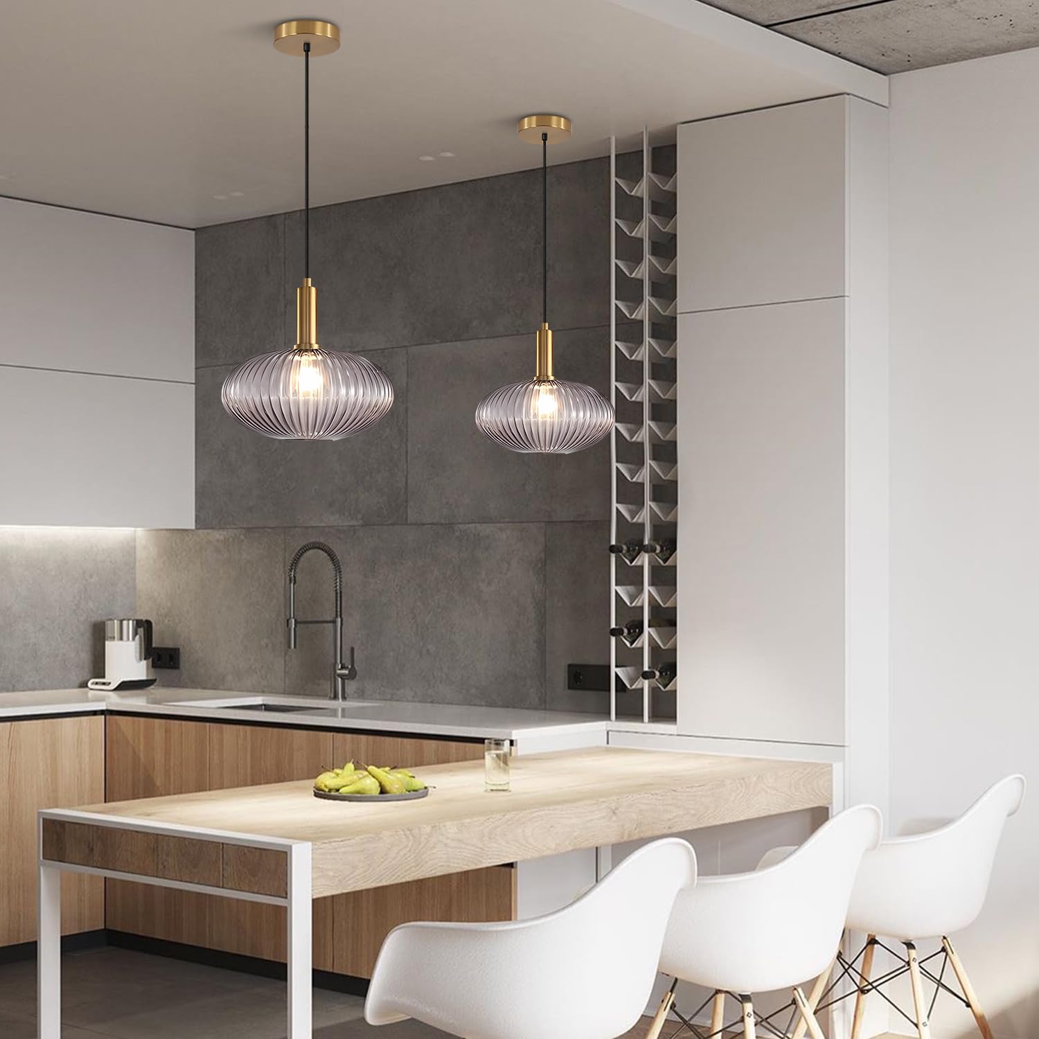 KCO Mid Century Modern Pendant Light - Smoke Gray Globe, Adjustable, Metal, 30cm, Model L1143-SG, Brass Gold Finish