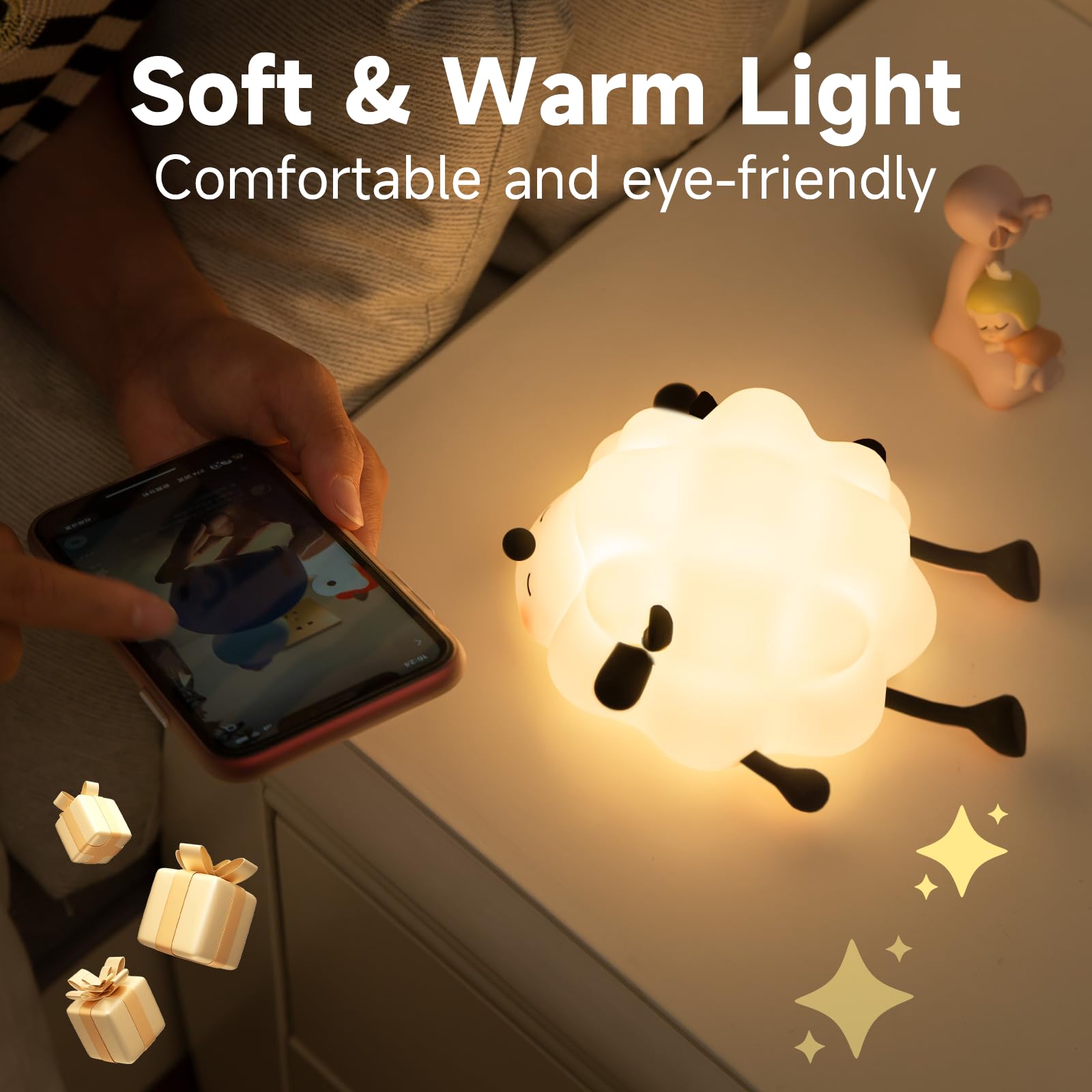 NesveCit Rechargeable LED Night Light for Kids, Dimmable Silicone Touch Lamp, Black Baby Sheep with 30 Min Timer for Nursery Décor