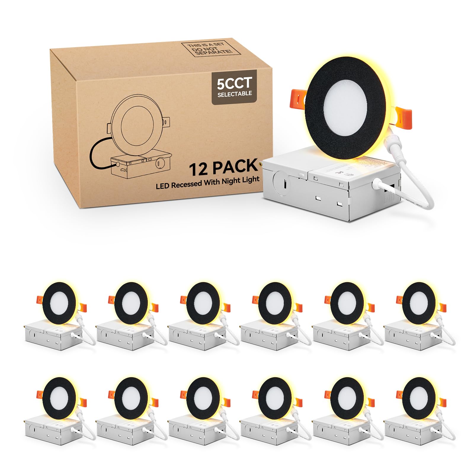 Comiled 12 Pack Black 3 Inch Recessed LED Lights with Night Light, Canless Ultra Thin Wafer Recessed Lighting Downlight with Jun