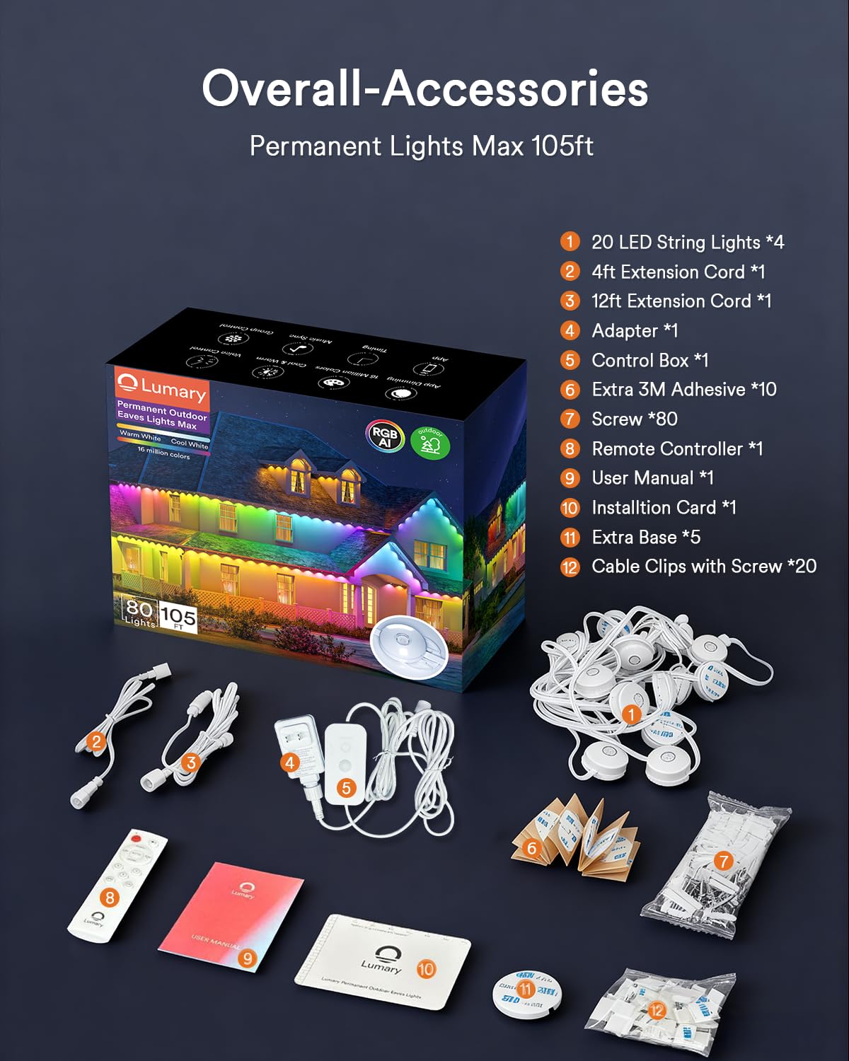 Lumary 105ft Smart Outdoor Lights, 80 LED Eave Lights, 4800LM, IP67 Waterproof, White, Model L-PO80A1