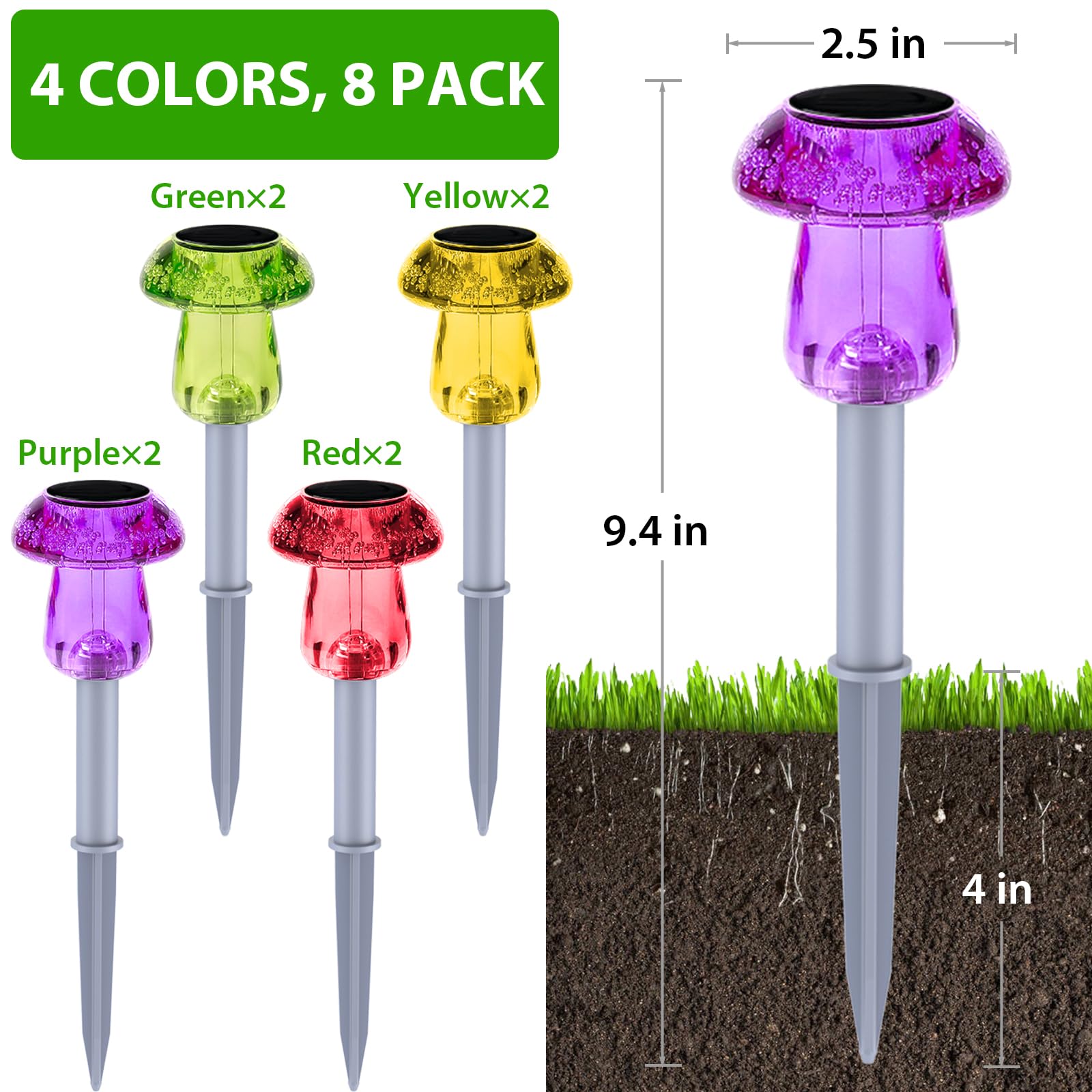 Benany Solar Powered LED Mushroom Lights, 8 Pack, Waterproof for Garden, Multicolor, Model MU001