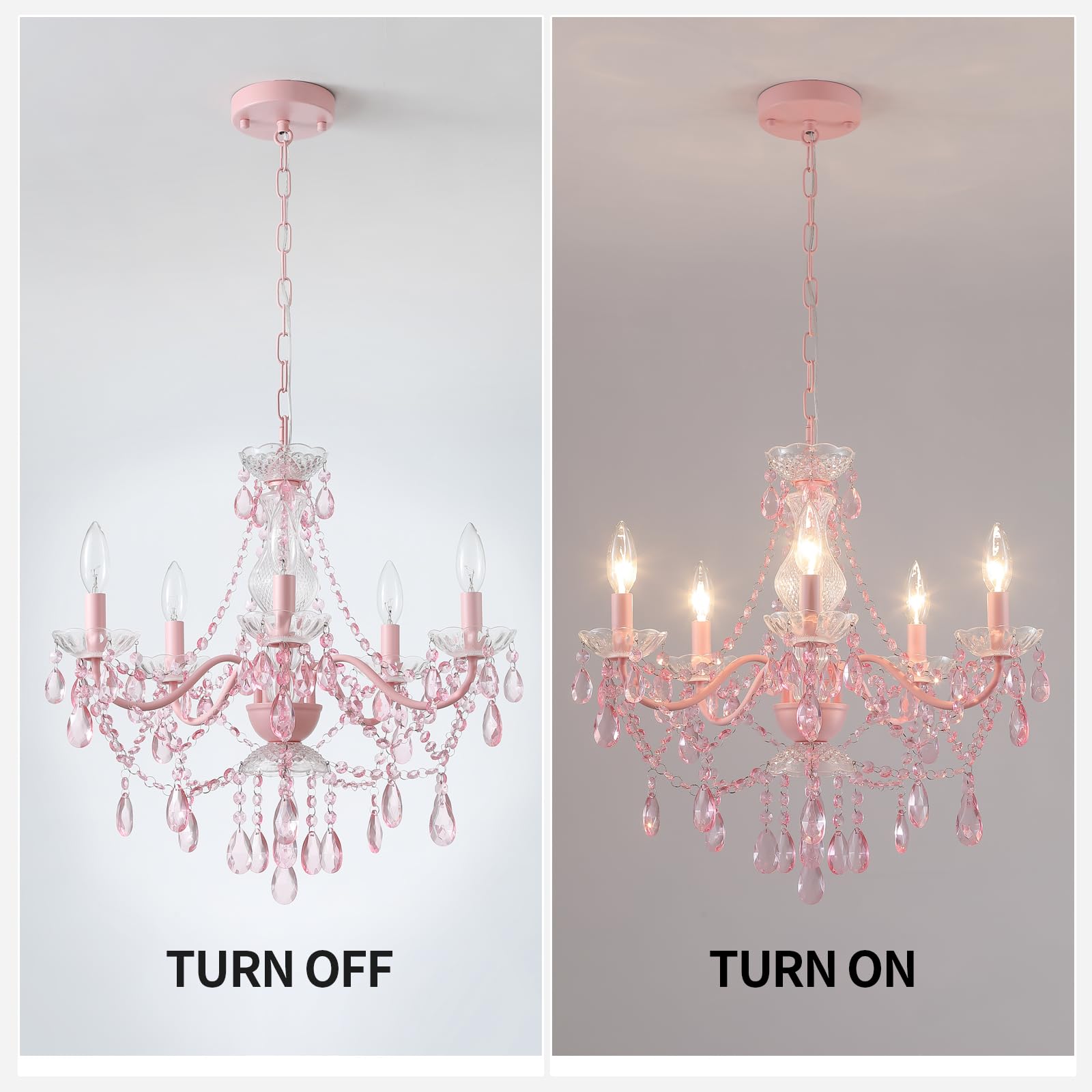 AMZASA Modern Crystal Chandelier, Pink Crystals, 20.87"x19.7"x79.7"H, Glass Pendant Light for Girls Room, Model AS9027-5PNIK