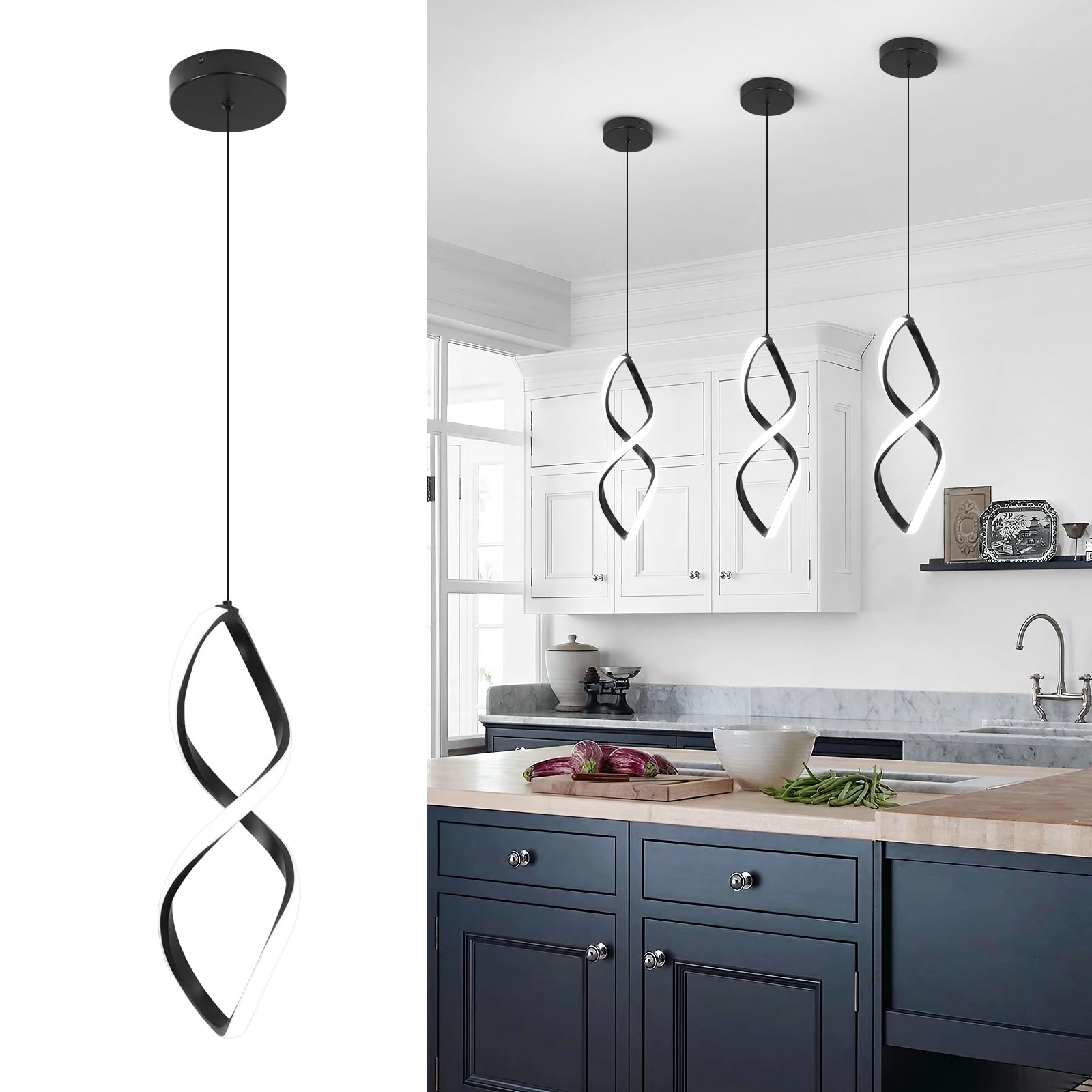 Vloitgol Modern Pendant Lights - Black LED Fixtures for Kitchen Island, Bedroom, Dining Room & Sink - Adjustable Height, 1 Pack