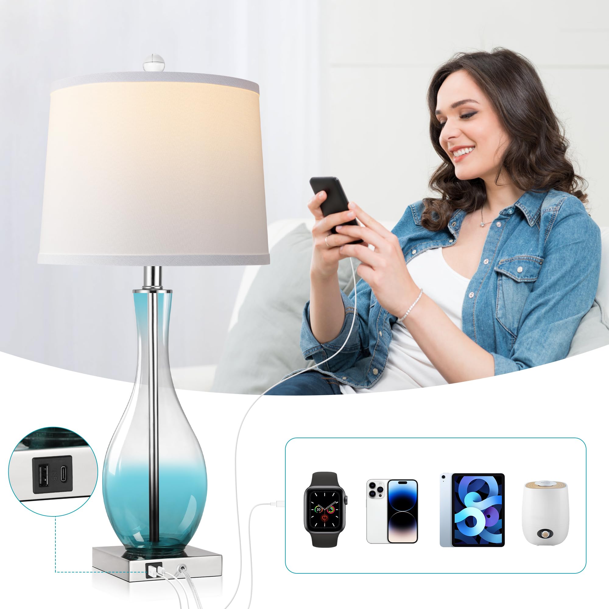 WIHTU Table Lamps Set of 2, 27in Touch Control, 3-Way Dimmable, Glass, Blue, USB Charging Ports, Model WTLP357AL2