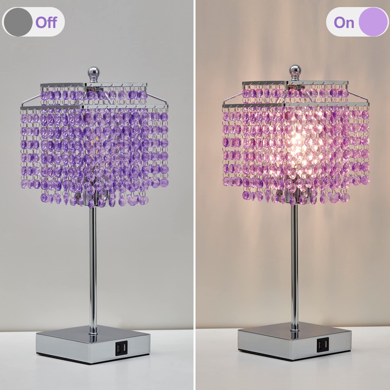 Luvkczc Crystal Table Lamp, Touch Lamp With Usb C+A Ports, 3-Way Dimmable Lamp With Crystal Shade, Purple Nightstand Lamp For Gi