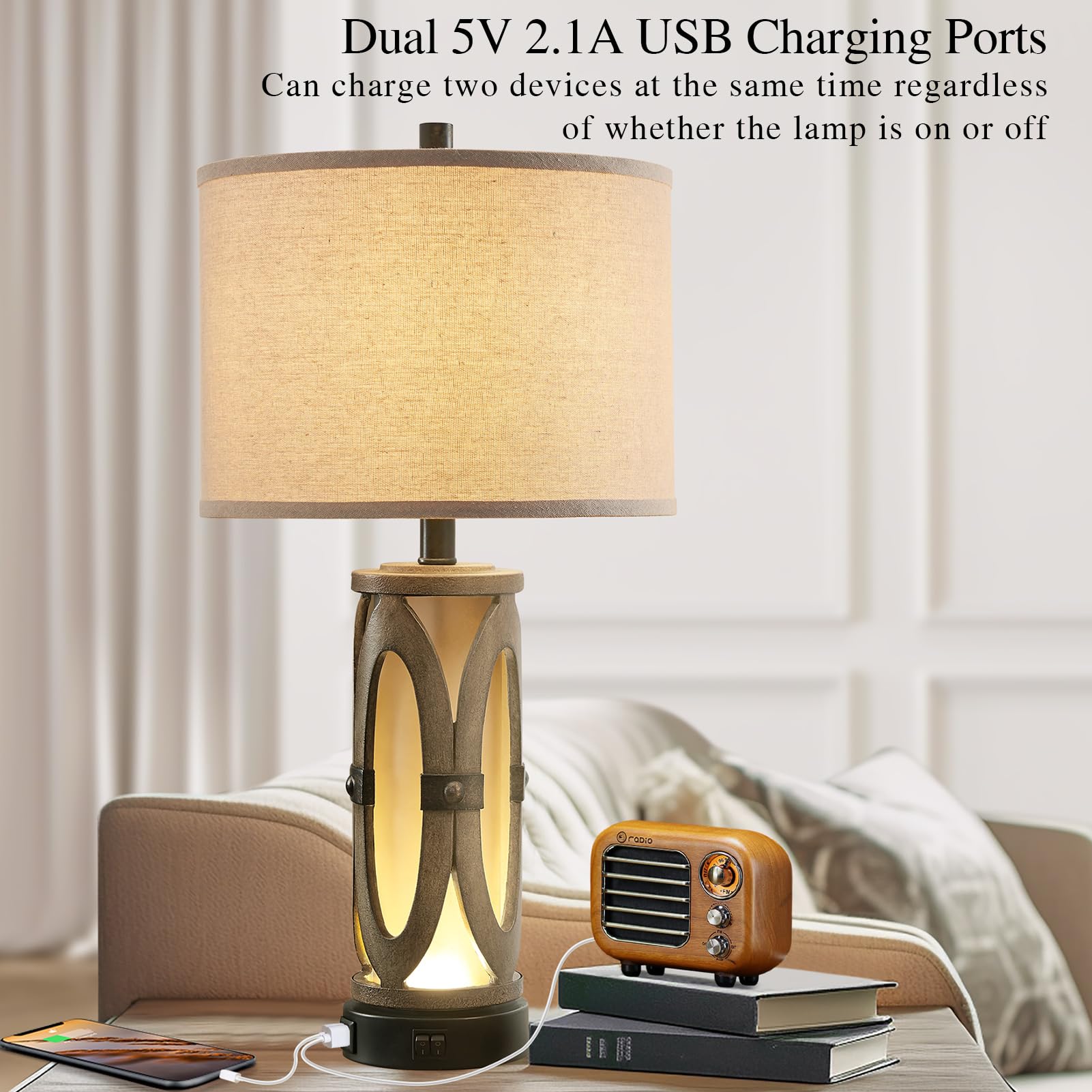Aieampdo Table Lamps Set Of 2 For Living Room, Rustic Farmhouse Bedroom Nightstand Lamp With Dual Usb Ports, Vintage Bedside Lam
