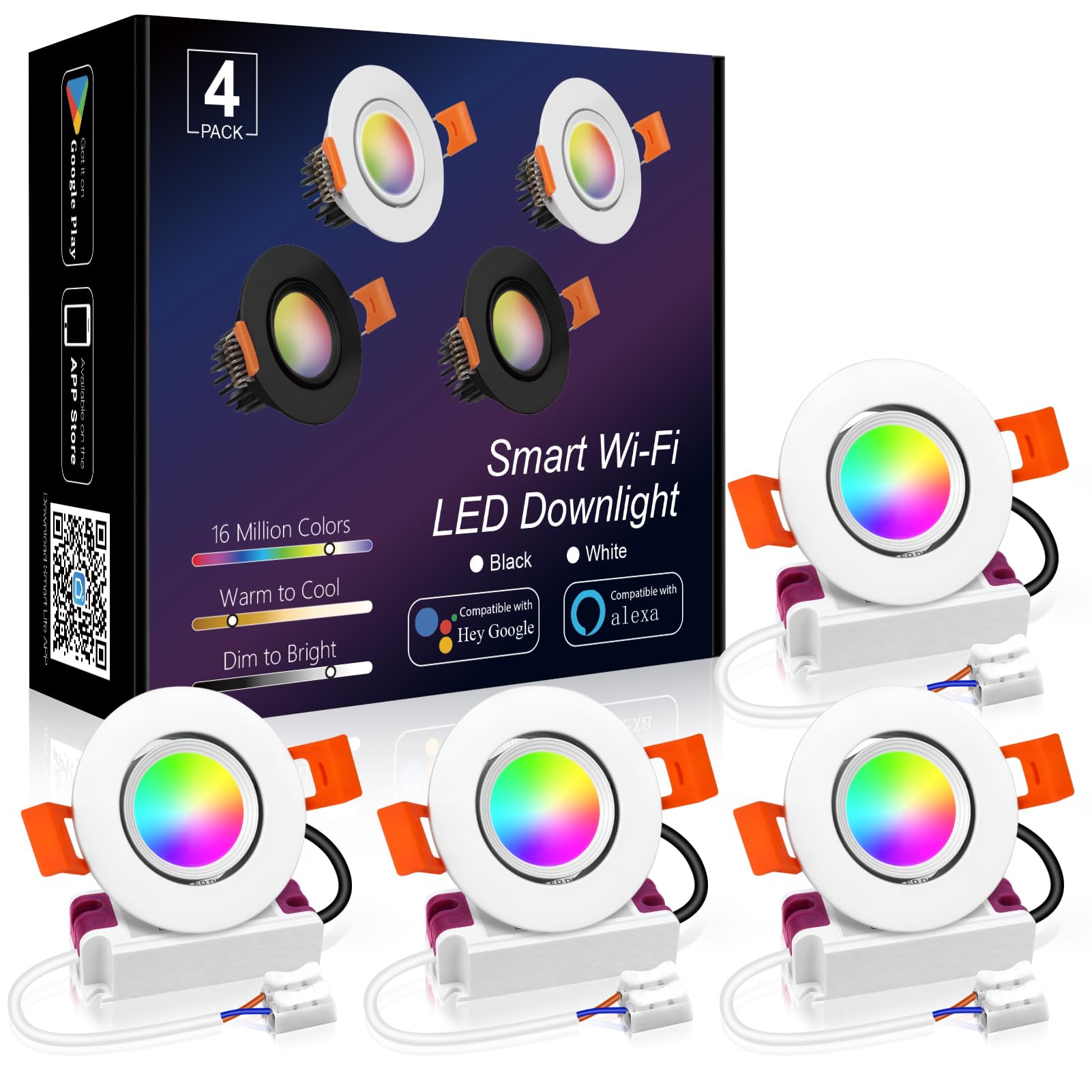 LEDLightsWorld Smart Recessed Downlight 2 Inch 4 Pack RGBCW Wi-Fi LED, Aluminum, Model LLWRGB001