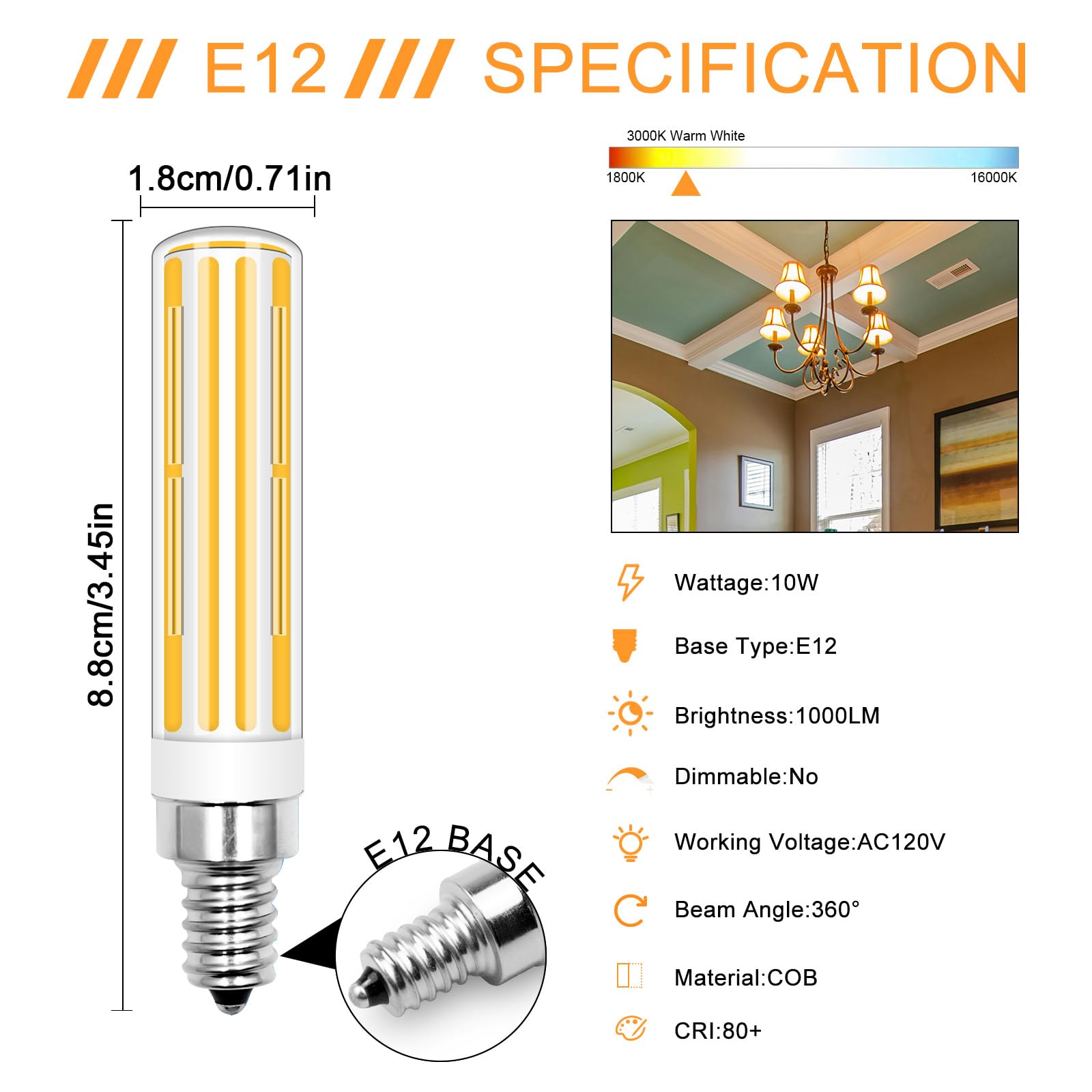 Tzhilan E12 Led Candelabra Bulbs 100 Watt Equivalent,Warm White 2700K 1100Lm,Cob Ac120V 10W C7 Led Light Bulbs For Ceiling Fan C