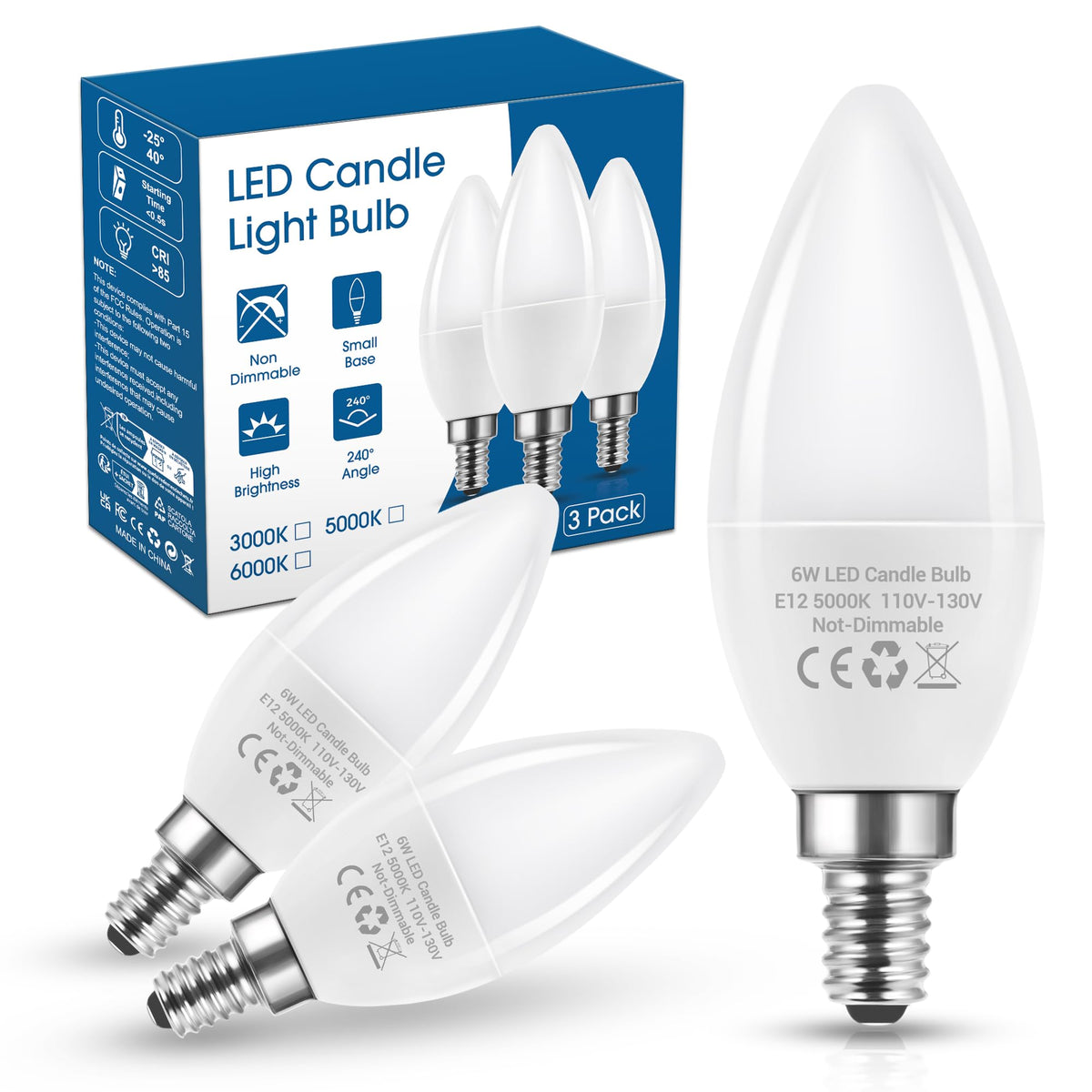 3 Pack E12 Led Light Bulbs, Candelabra Led Bulbs 60 Watt Equivalent, Not-Dimmable 5000K Daylight Type B Light Bulb For Chandelie