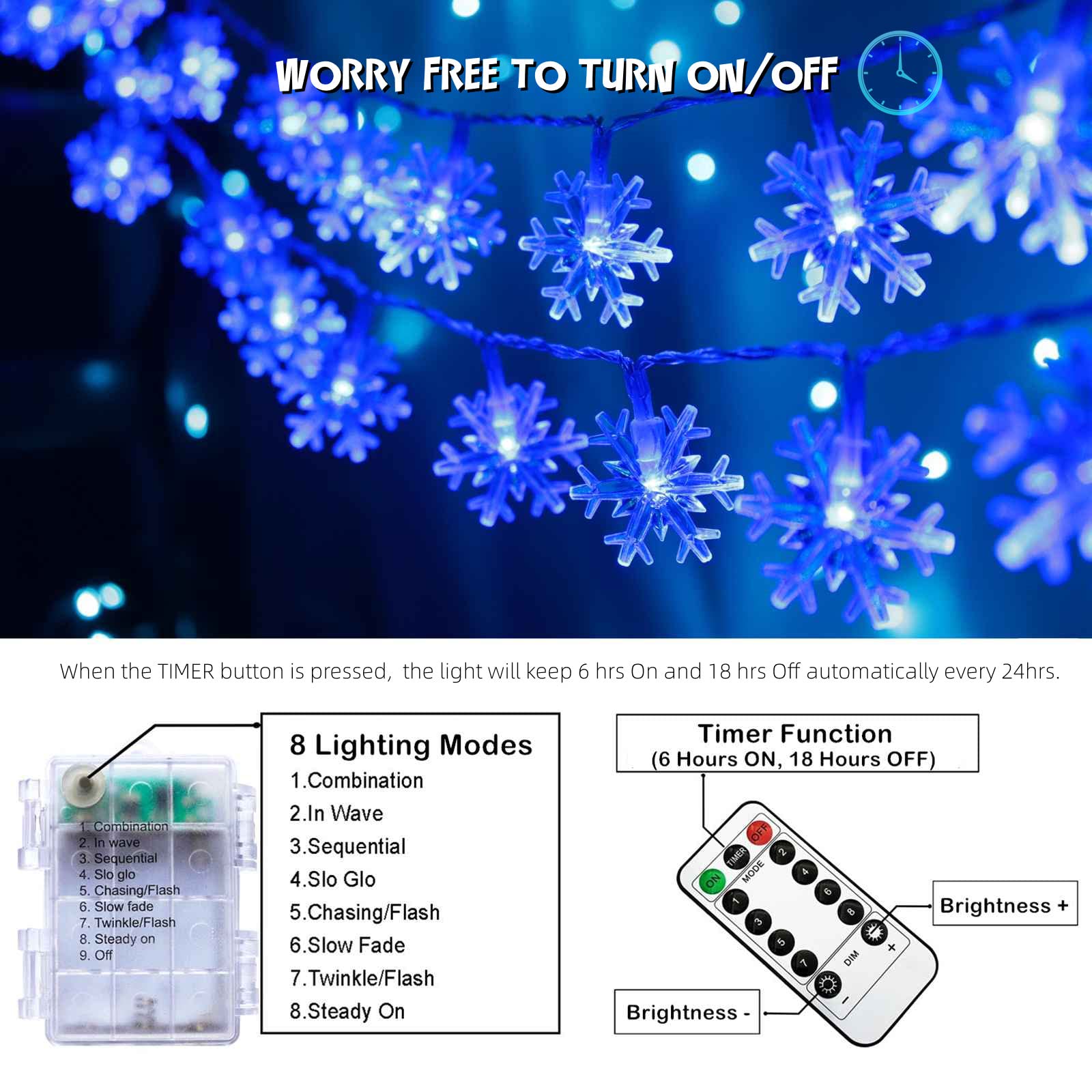 Zimati Blue Snowflake Fairy Lights - 20 FT, 40 LED, Battery Operated, Waterproof, 8 Modes, Model ZM003, Indoor/Outdoor Xmas Decor