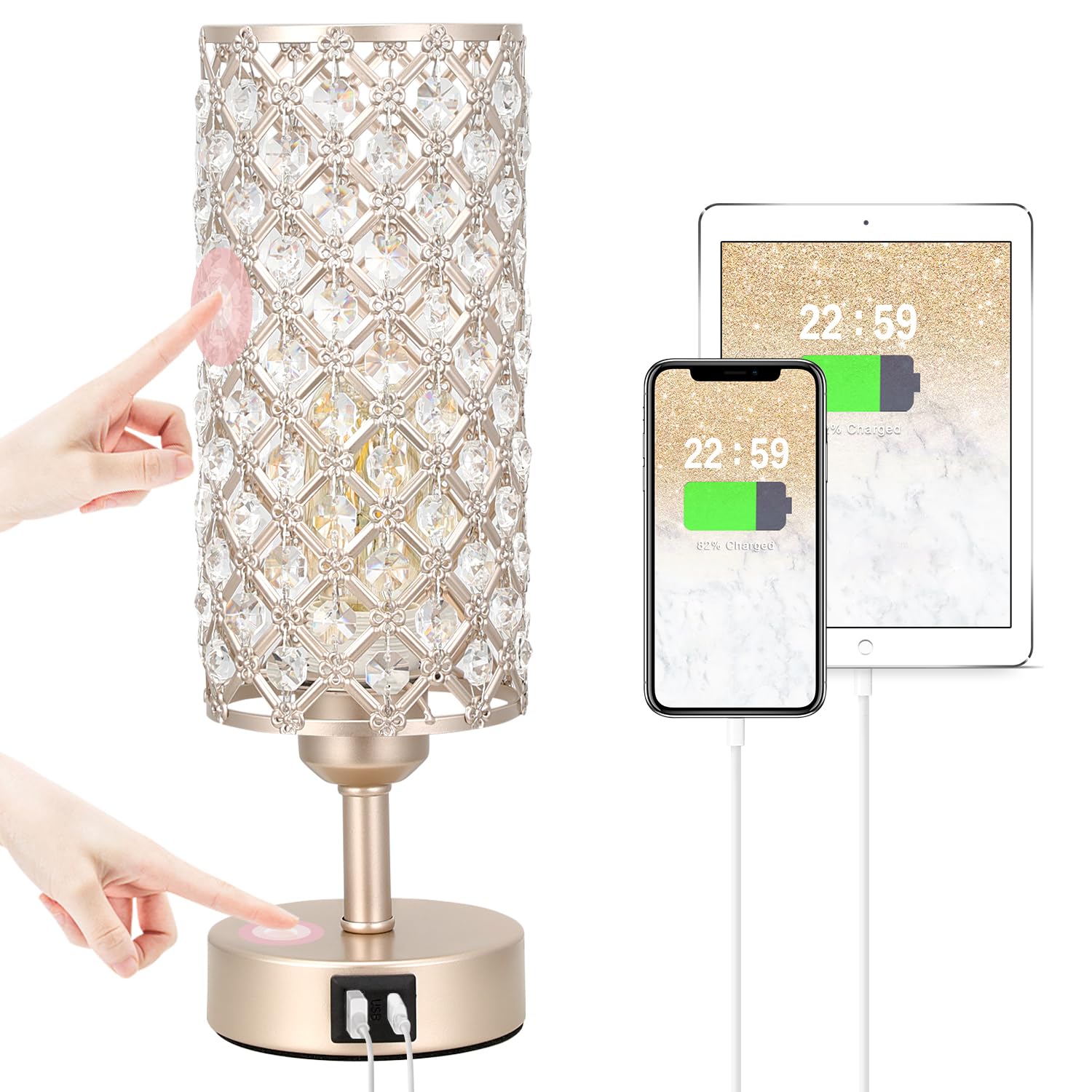 Crystal Table Lamp With Usb C+A Ports, 3 Way Dimmable Touch Lamp With Crystal Shade, Champagne Gold Bedside Nightstand Small Lam